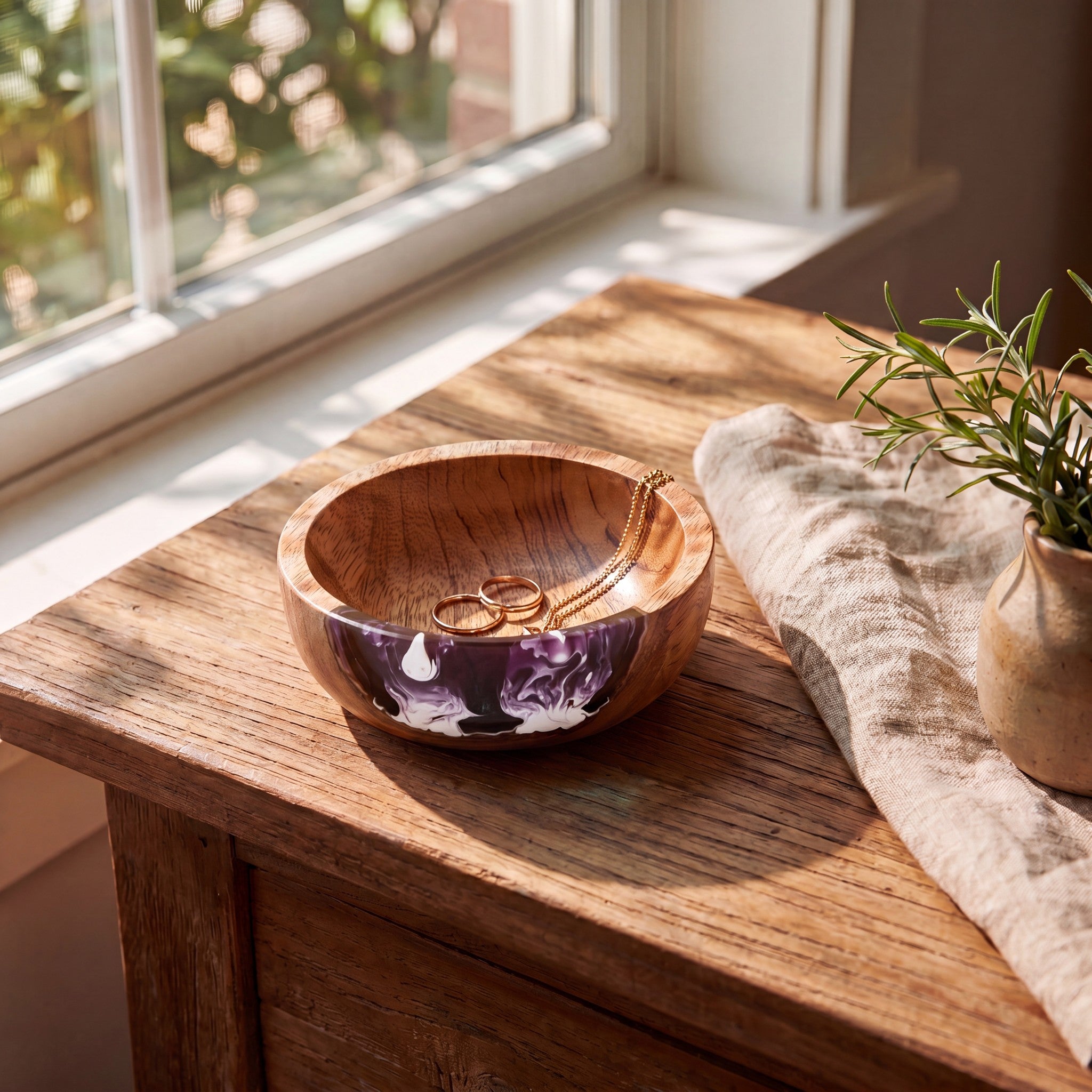 Resin Bowl in Lilac - styled on a side table #colour_lilac