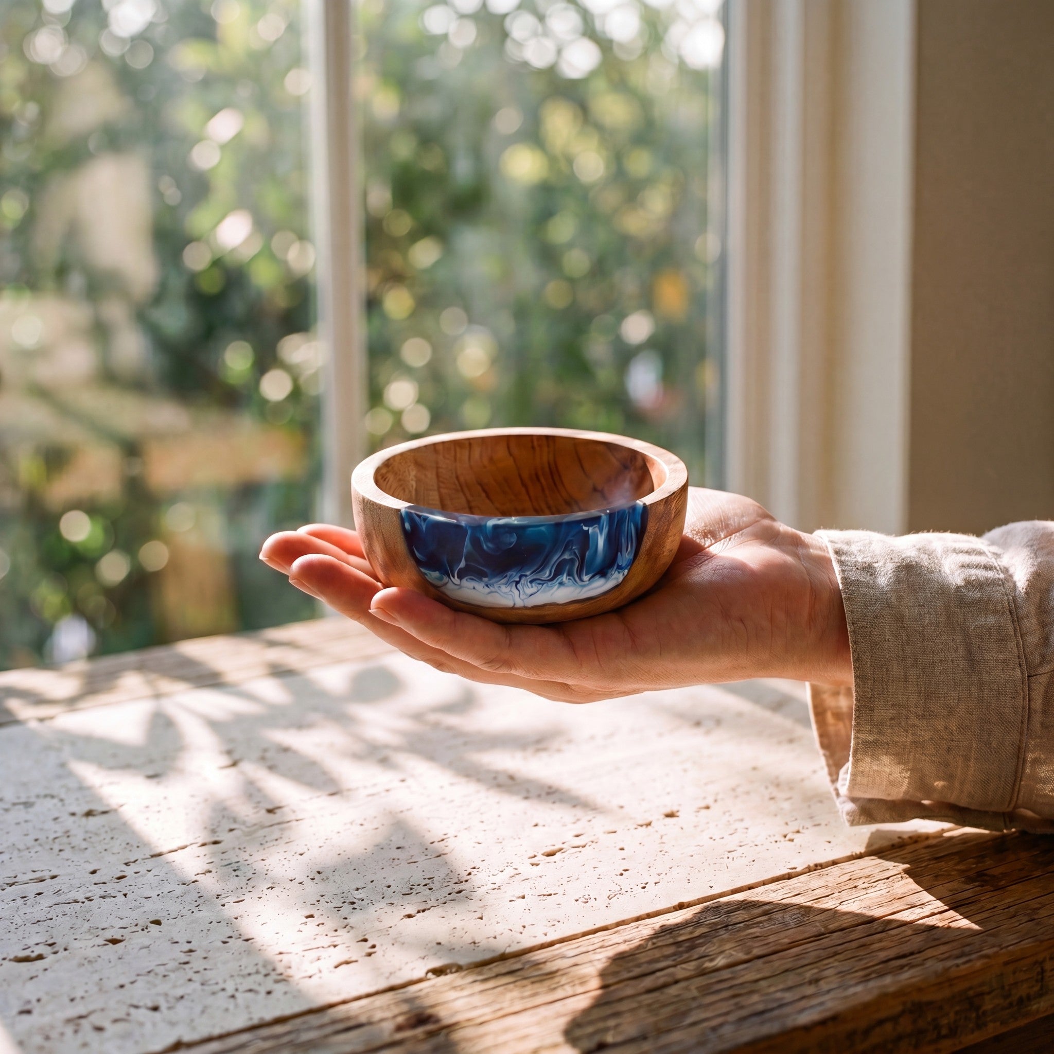 Resin Bowl in Prussian Blue - held in the hand for scale #colour_prussian-blue