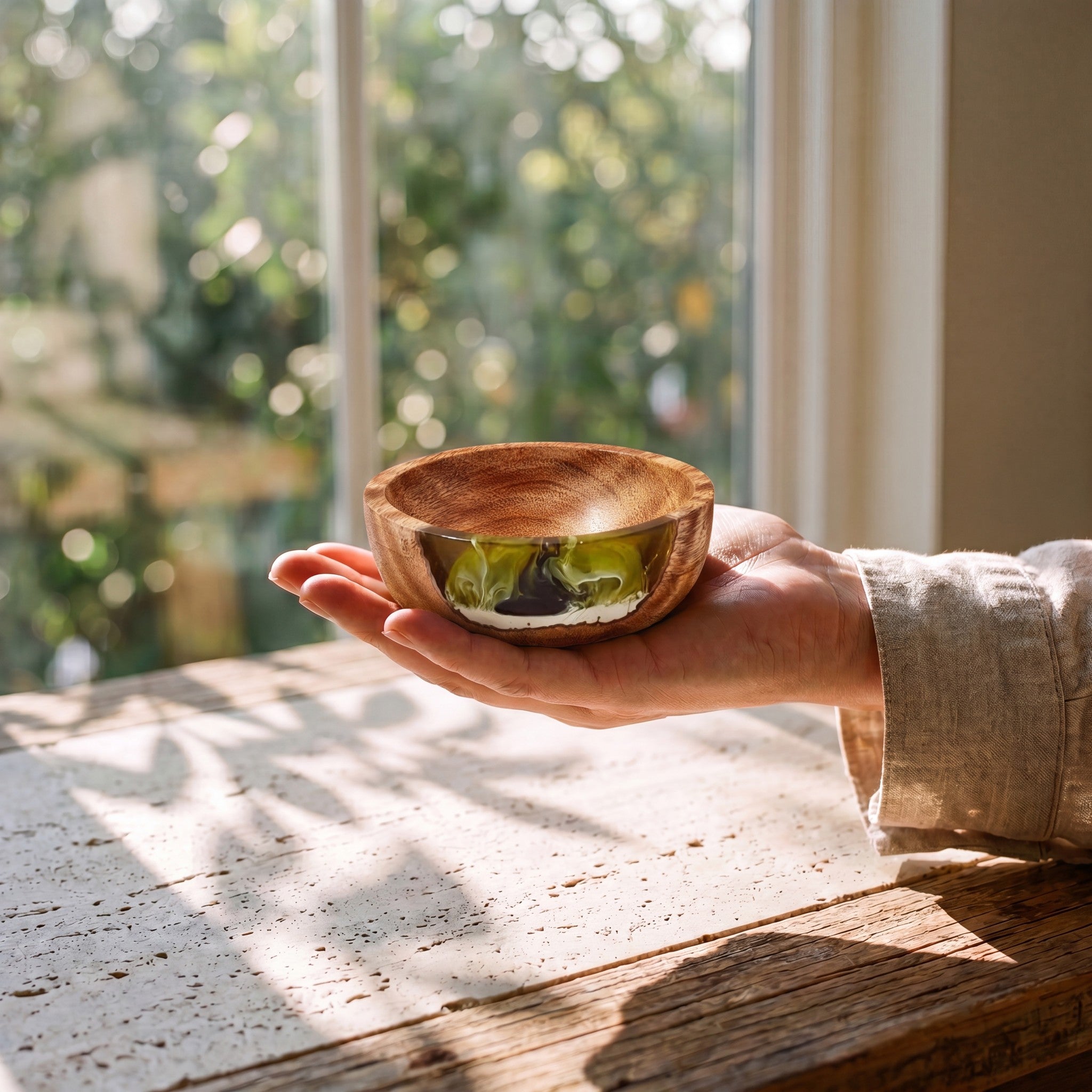 Resin Bowl in Sage Green - held in the hand for scale #colour_sage-green