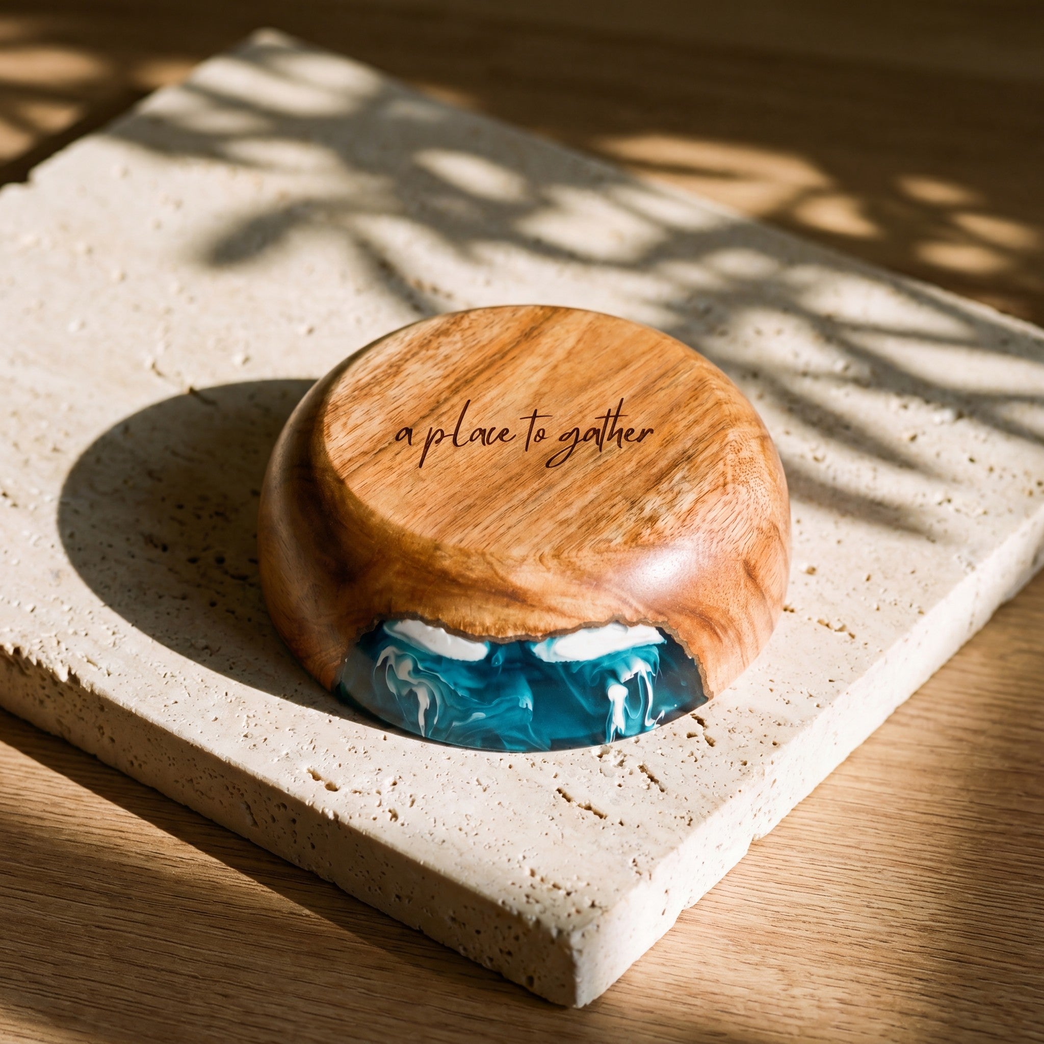 Resin Bowl in Seascape - personalised engraving on the timber base #colour_seascape