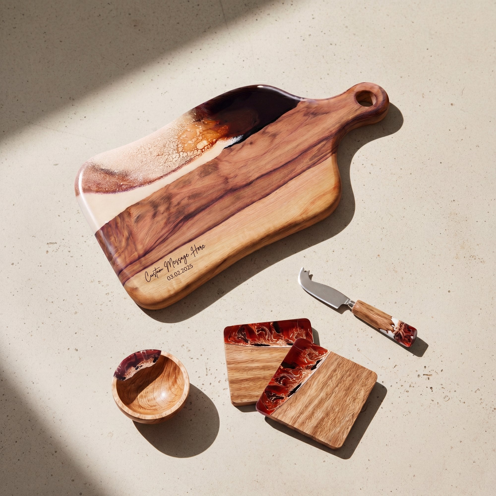 Charcuterie Bundle in Burnt Ivory - Flat lay of the board, coasters, bowl and knife