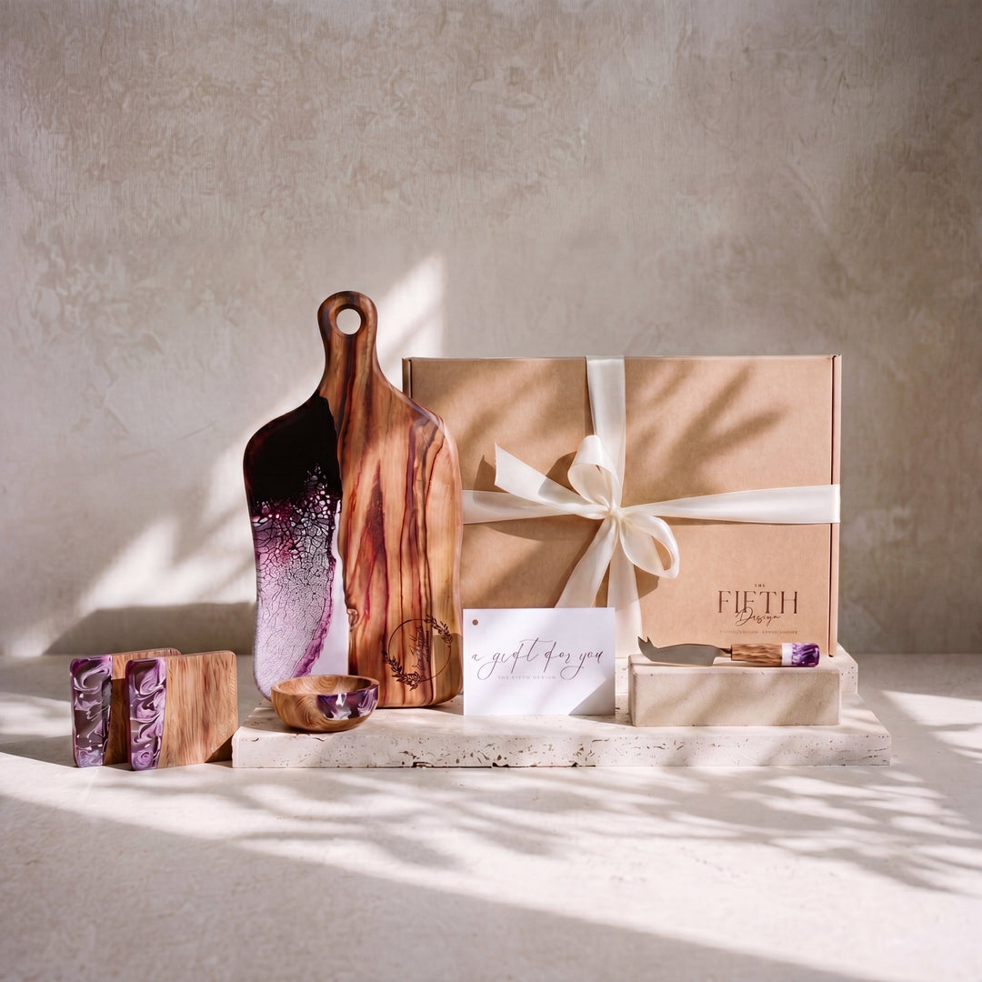 Charcuterie Bundle in Lilac - Gift set hero with branded gift box #colour_lilac