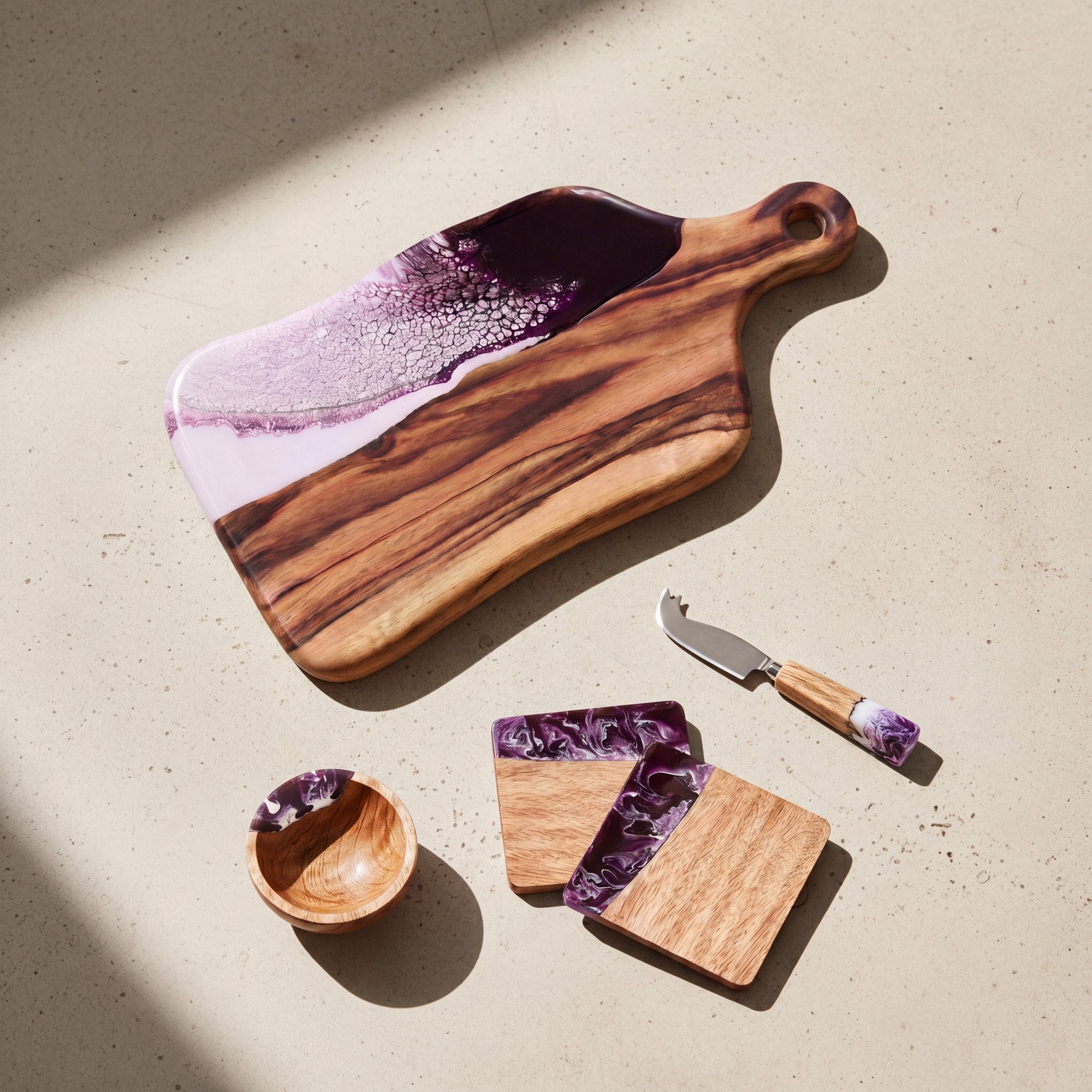 Charcuterie Bundle in Lilac - Flat lay of the board, coasters, bowl and knife