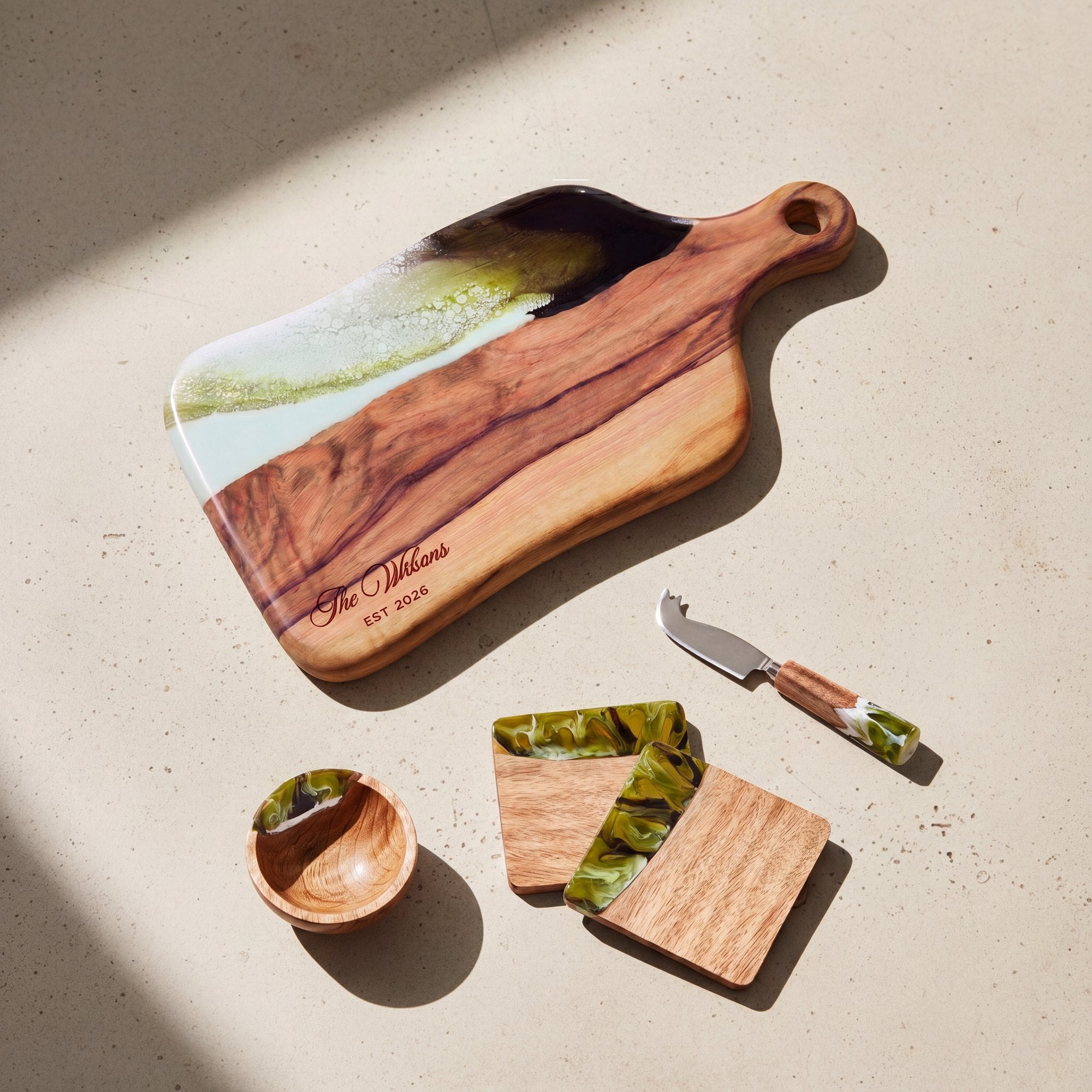 Charcuterie Bundle in Sage Green - Flat lay of the board, coasters, bowl and knife