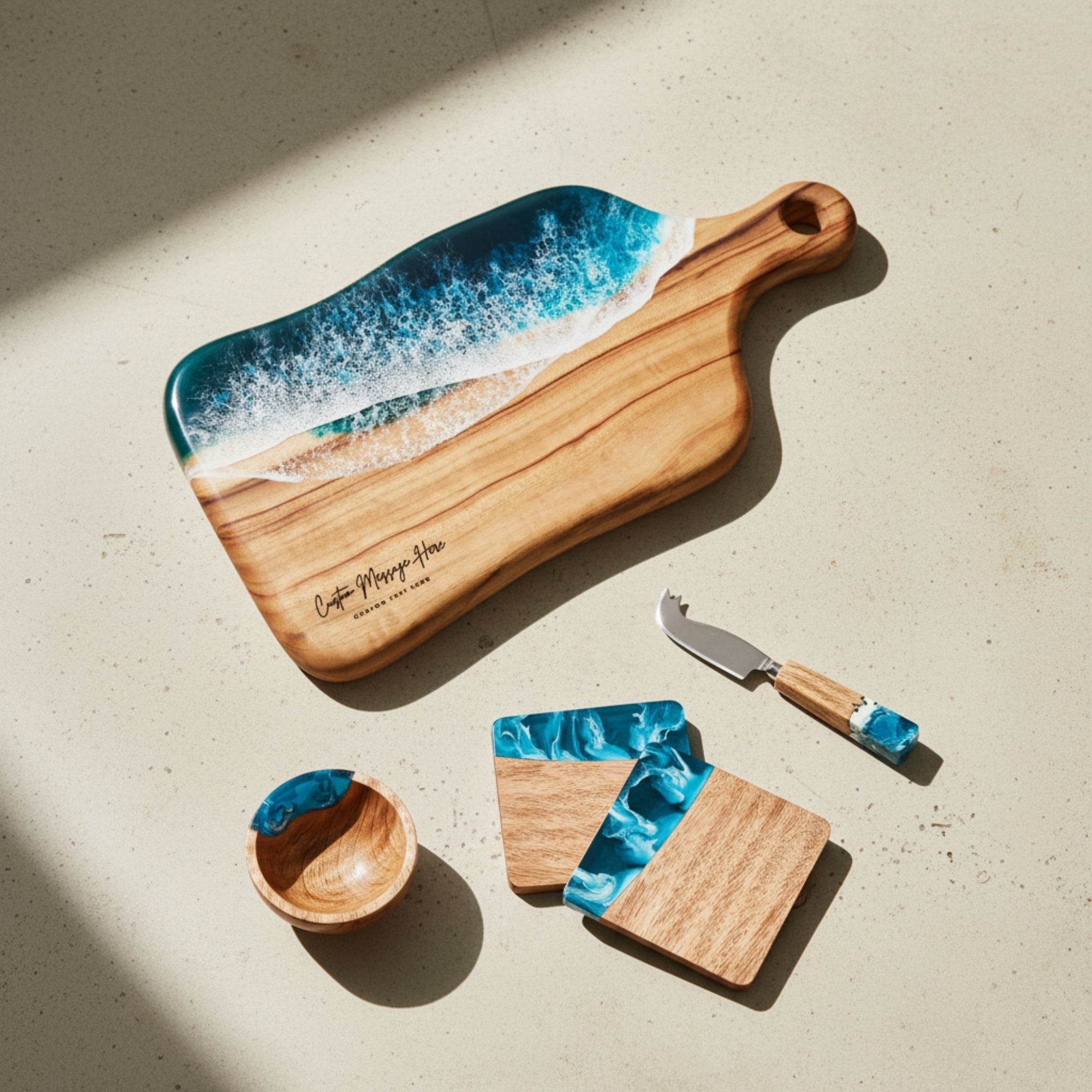 Charcuterie Bundle in Seascape - Flat lay of the board, coasters, bowl and knife