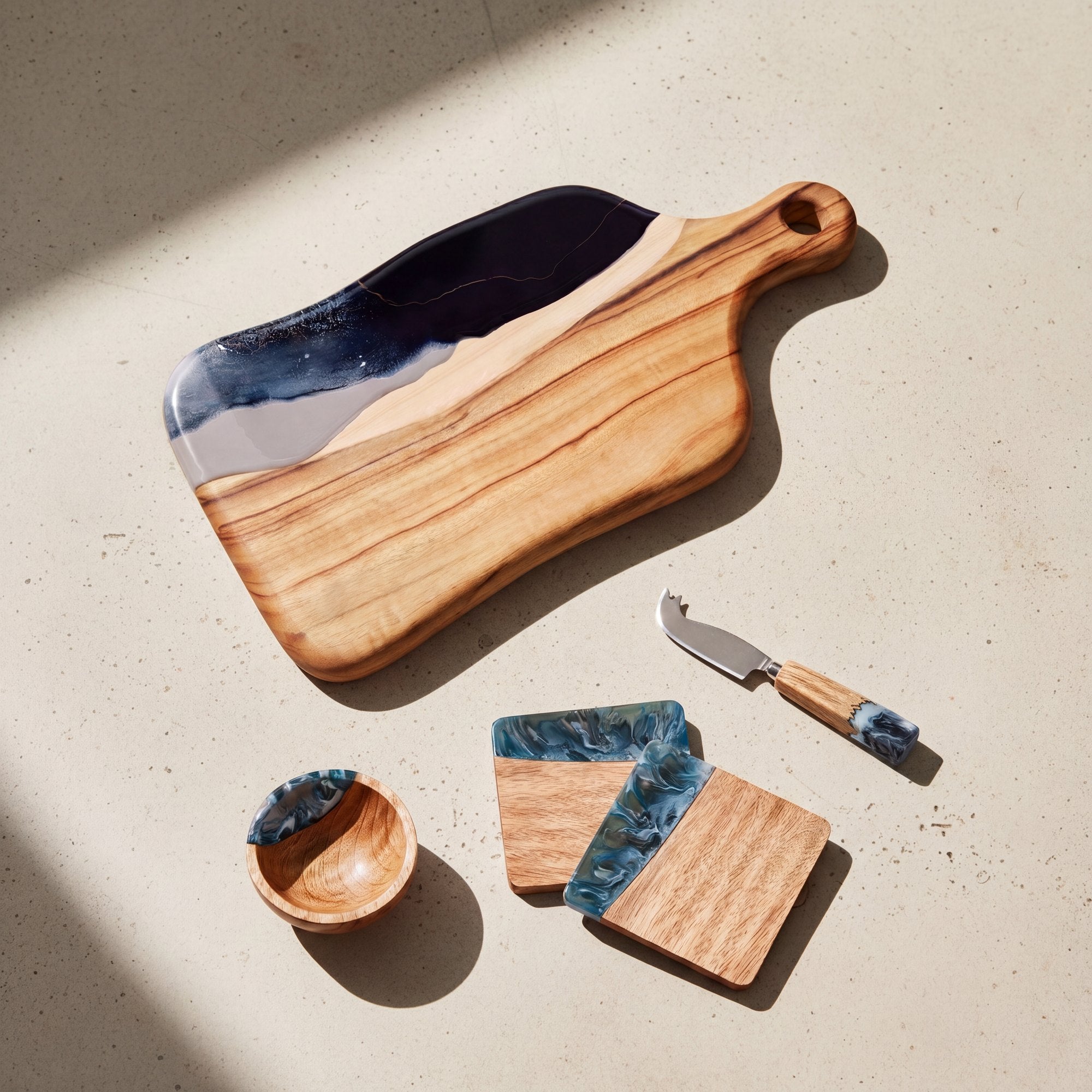 Charcuterie Bundle in Slate - Flat lay of the board, coasters, bowl and knife