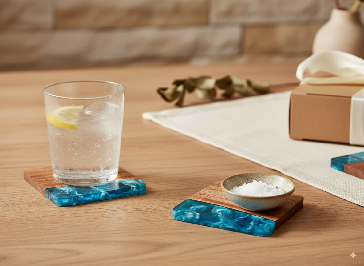 Resin Coasters in Seascape - Hero shot on white background, top-down view #colour_seascape