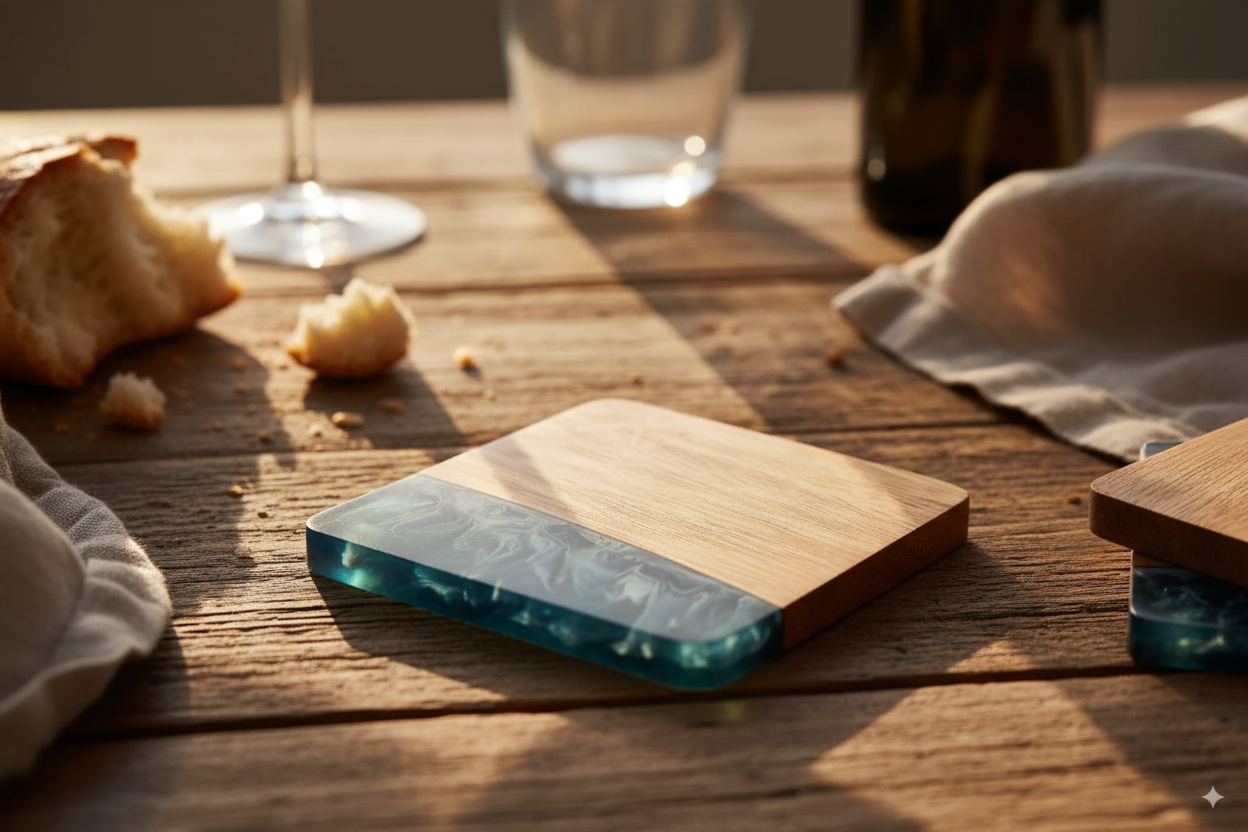 Resin Coasters in Slate - Styled flat lay with dried flowers and linens #colour_slate
