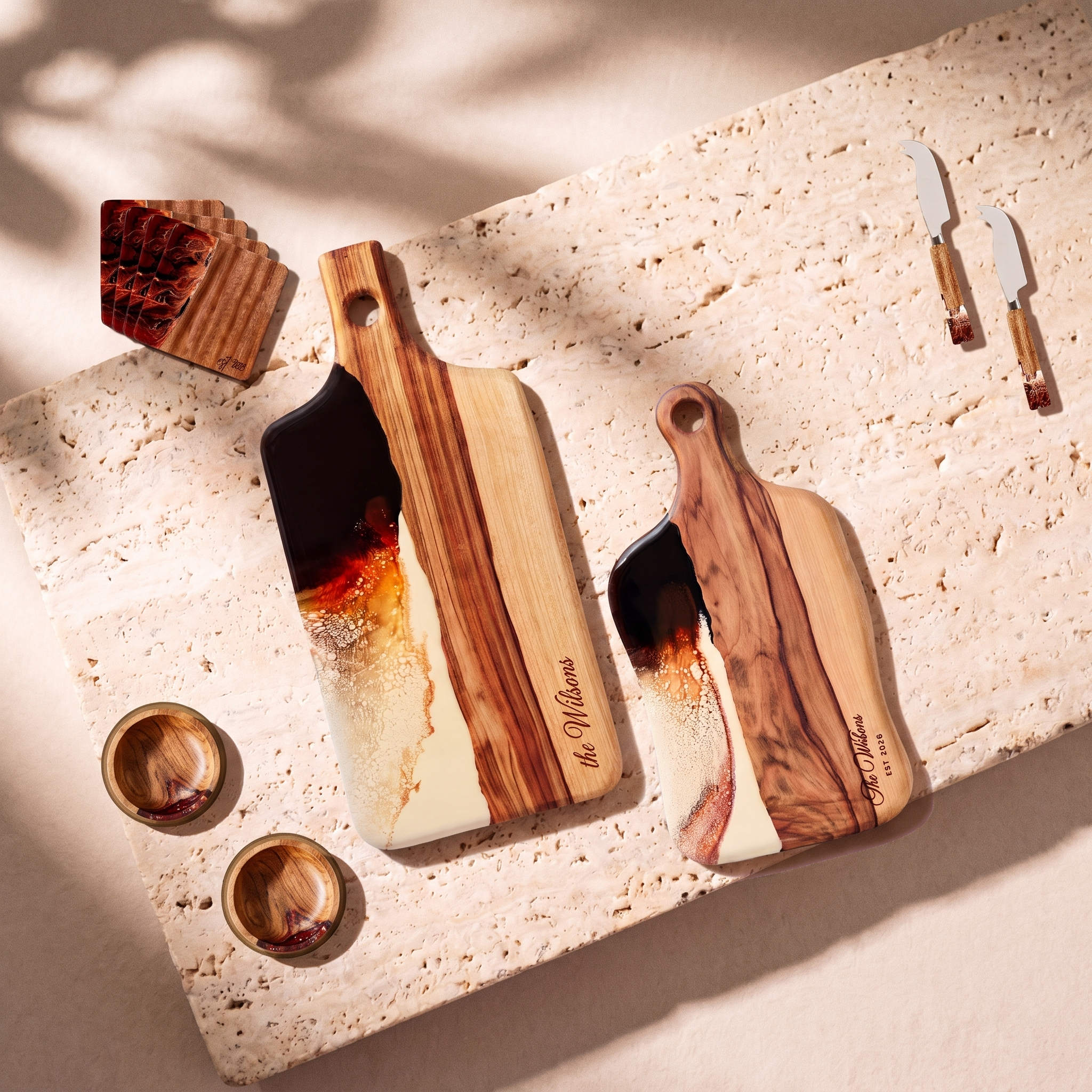 The Entertainer's Bundle in Burnt Ivory - Flat lay of both boards, two knives, two bowls and four coasters