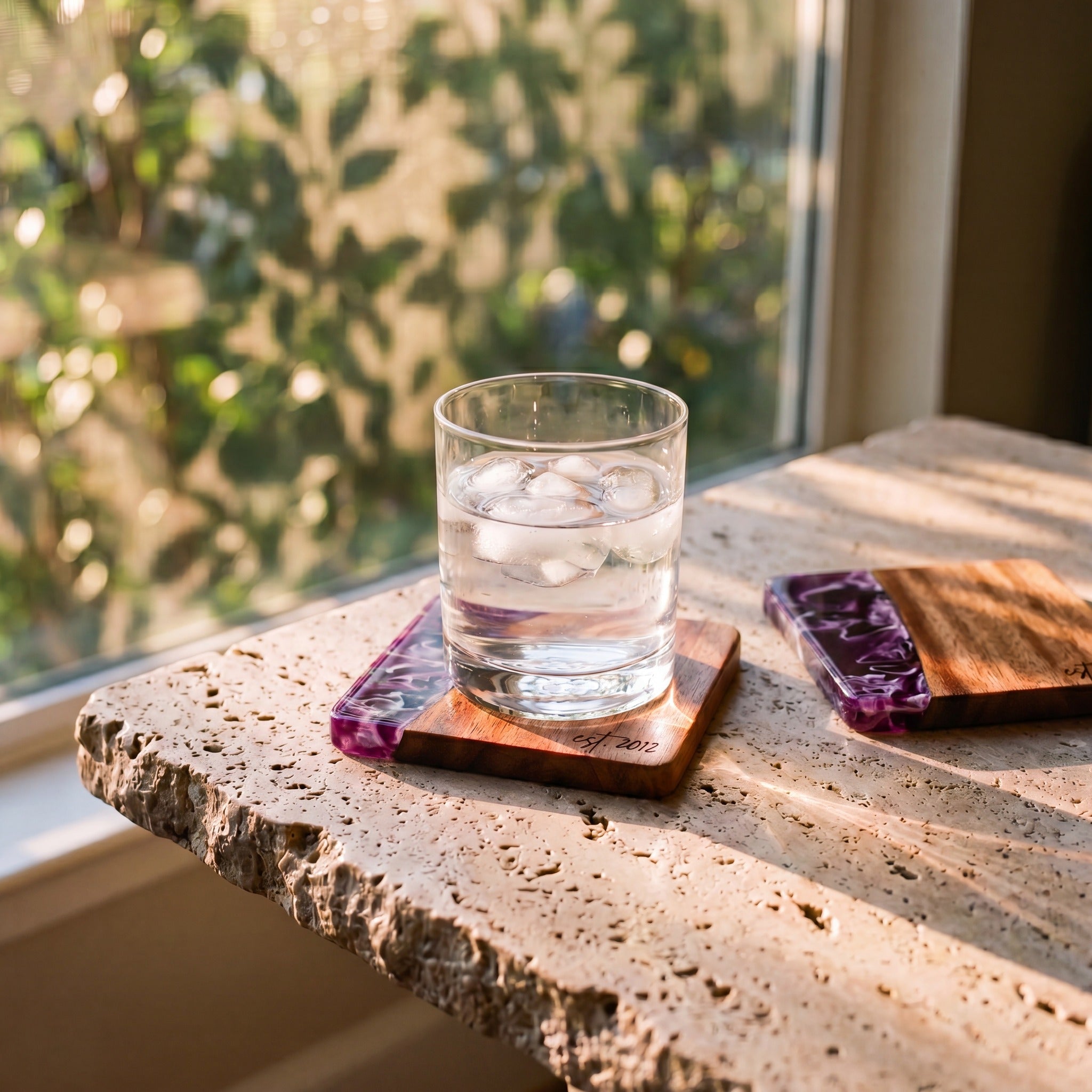 The Entertainer's Bundle in Lilac - Resin coasters in use