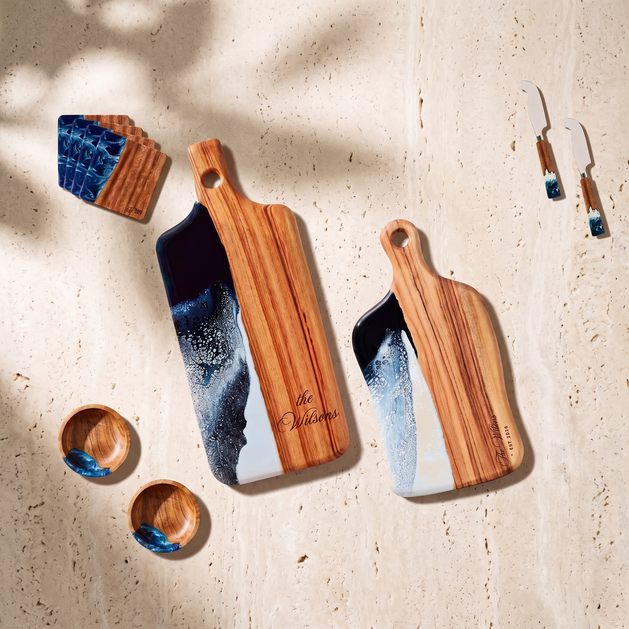 The Entertainer's Bundle in Prussian Blue - Flat lay of both boards, two knives, two bowls and four coasters