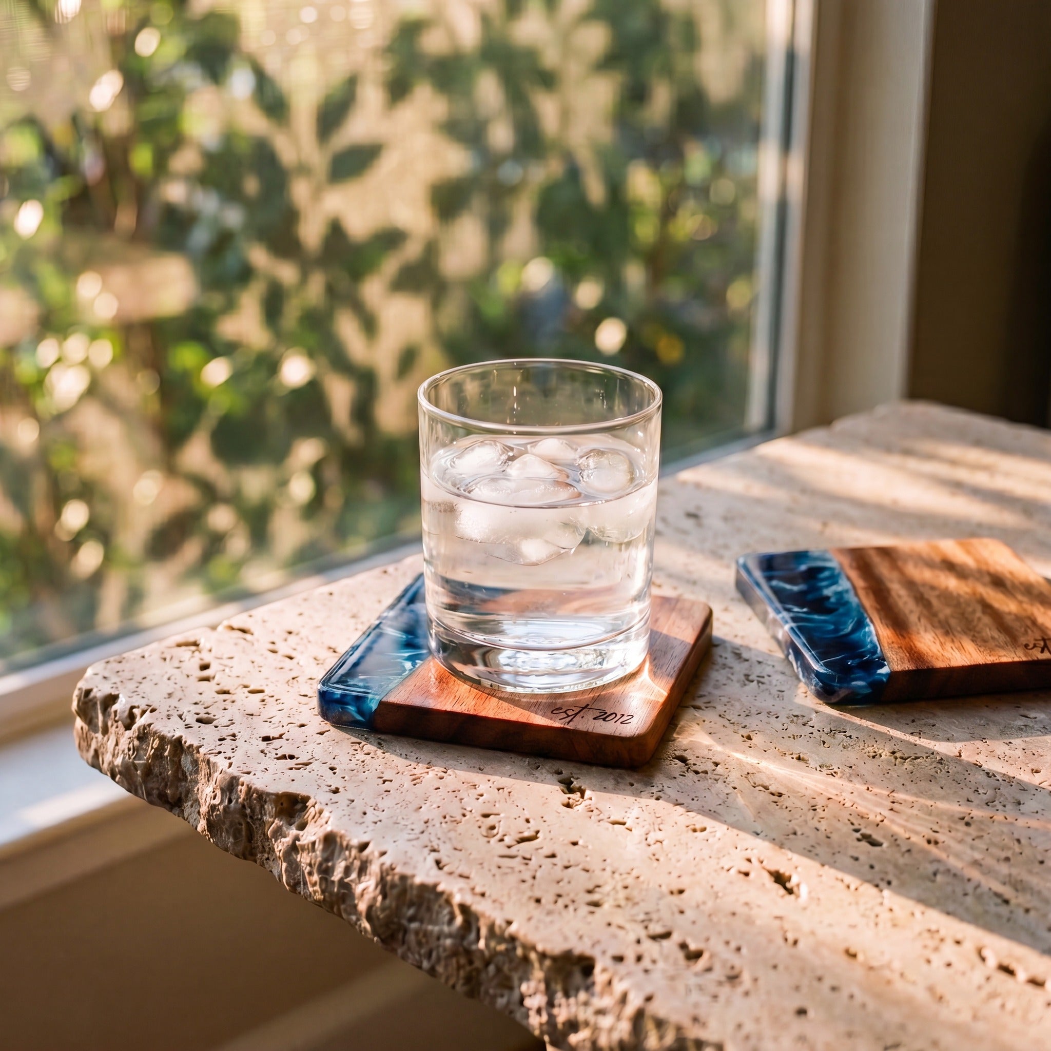The Entertainer's Bundle in Prussian Blue - Resin coasters in use