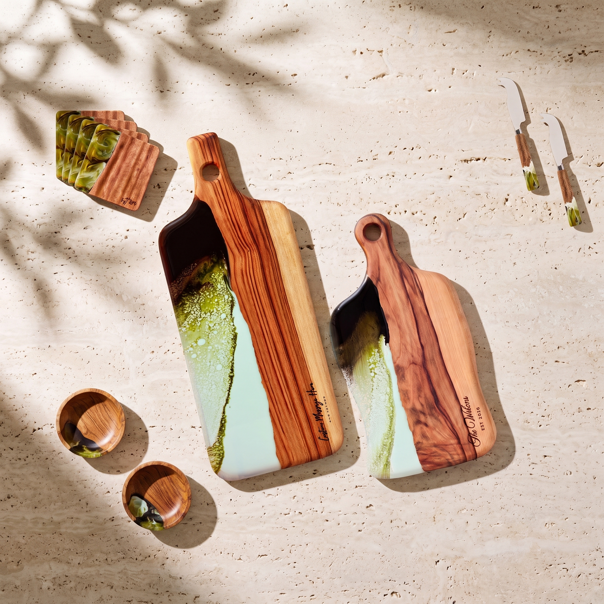 The Entertainer's Bundle in Sage Green - Flat lay of both boards, two knives, two bowls and four coasters