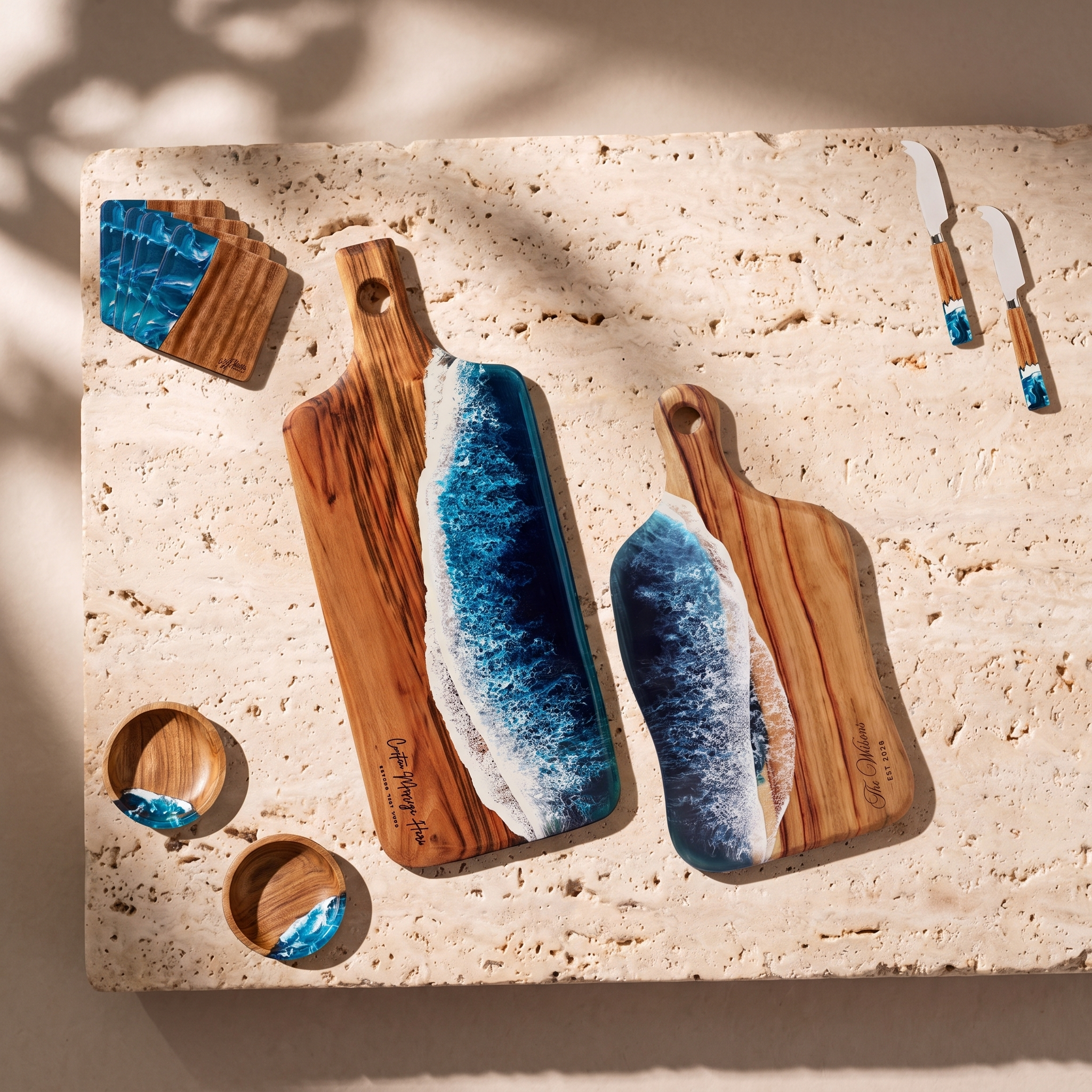 The Entertainer's Bundle in Seascape - Flat lay of both boards, two knives, two bowls and four coasters