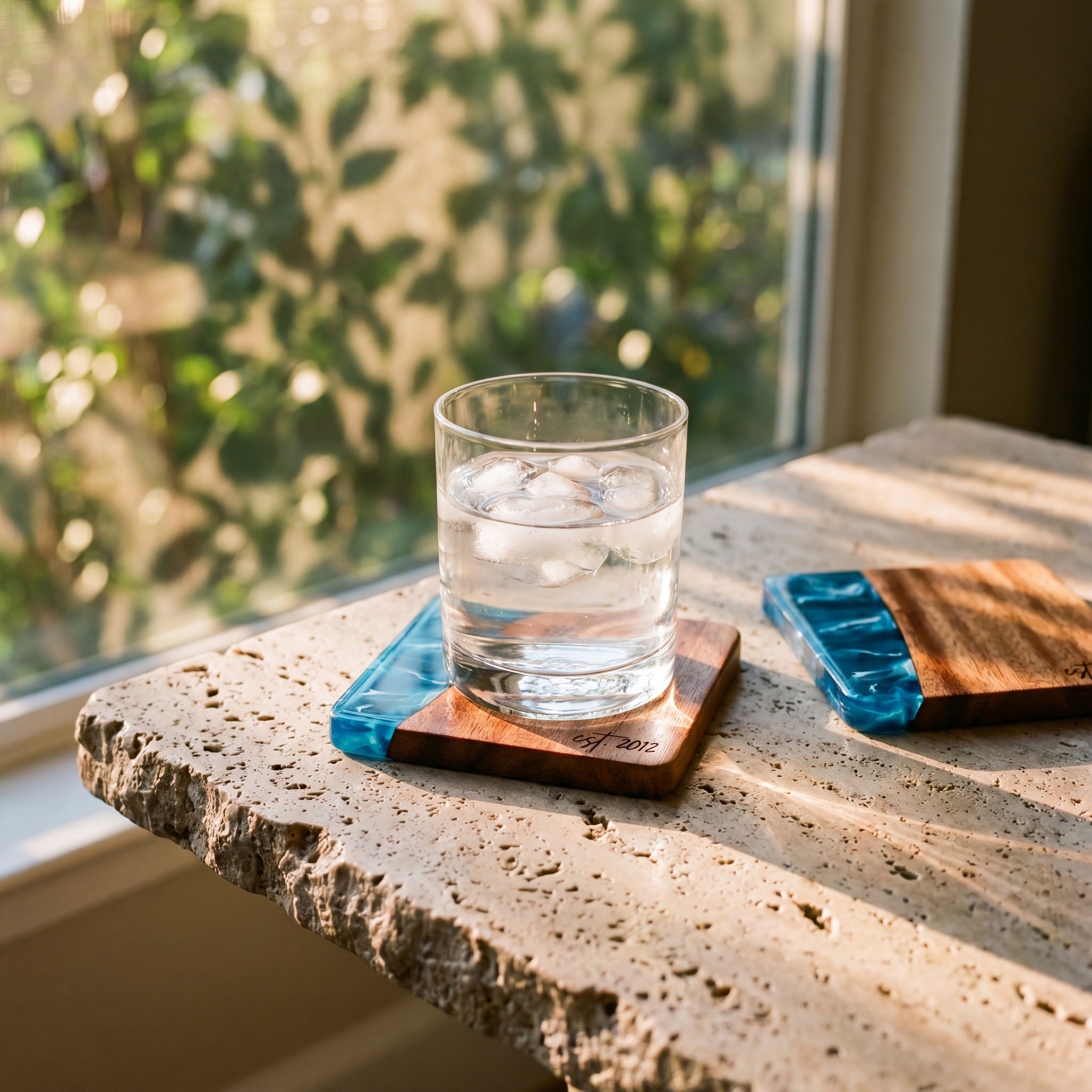 The Entertainer's Bundle in Seascape - Resin coasters in use