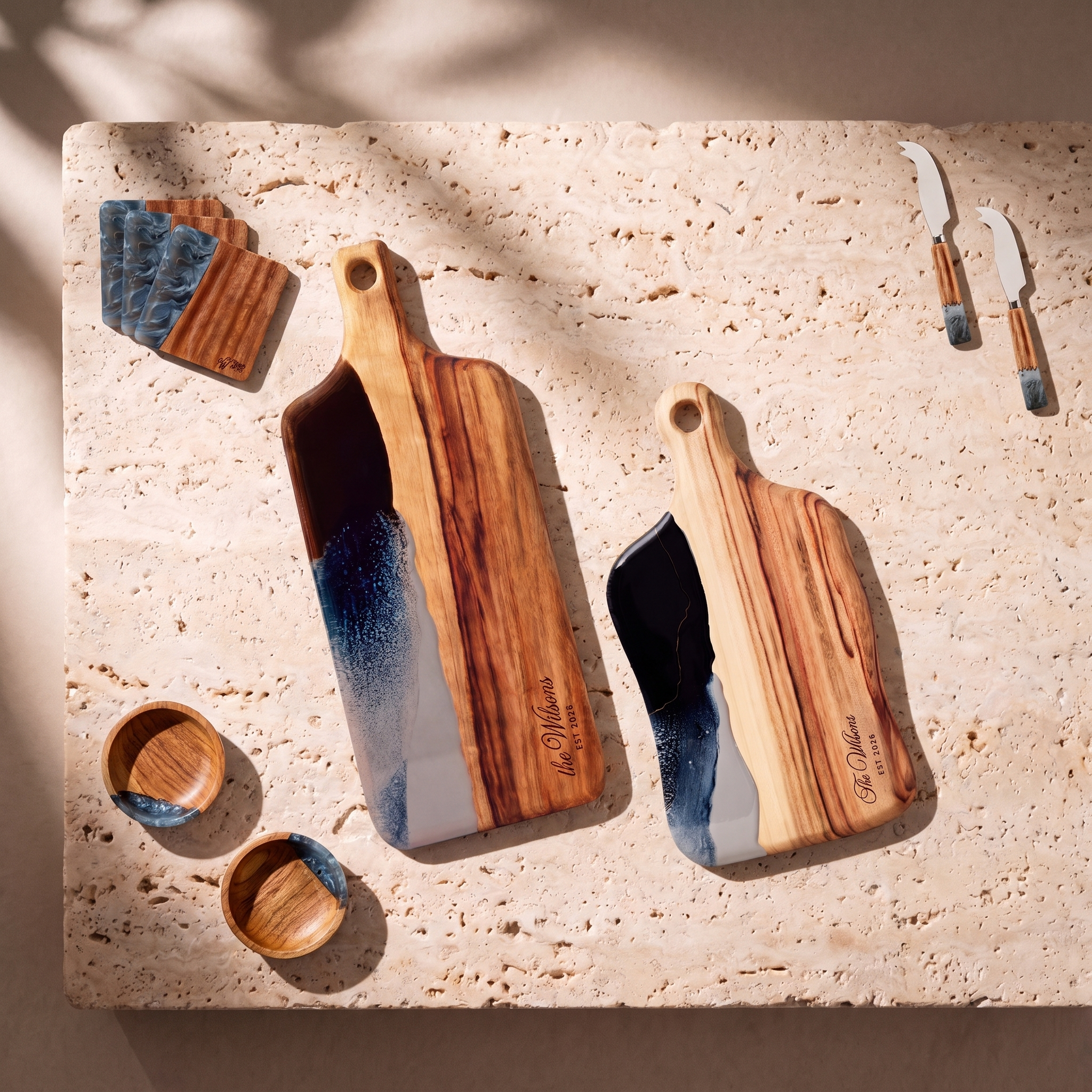 The Entertainer's Bundle in Slate - Flat lay of both boards, two knives, two bowls and four coasters