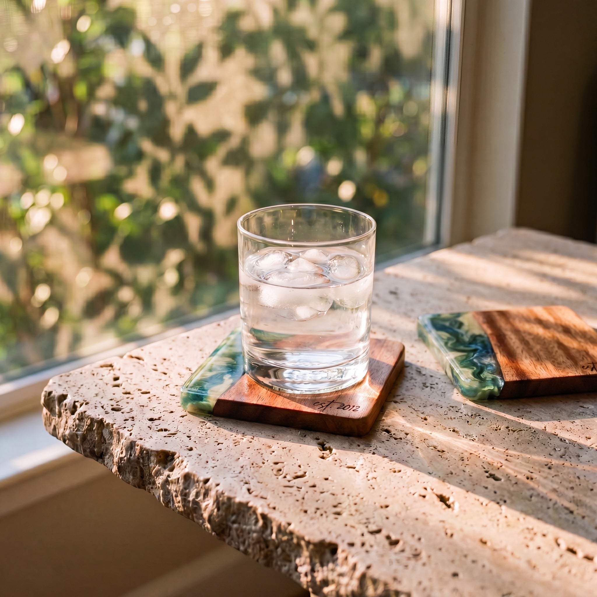 The Entertainer's Bundle in Slate - Resin coasters in use