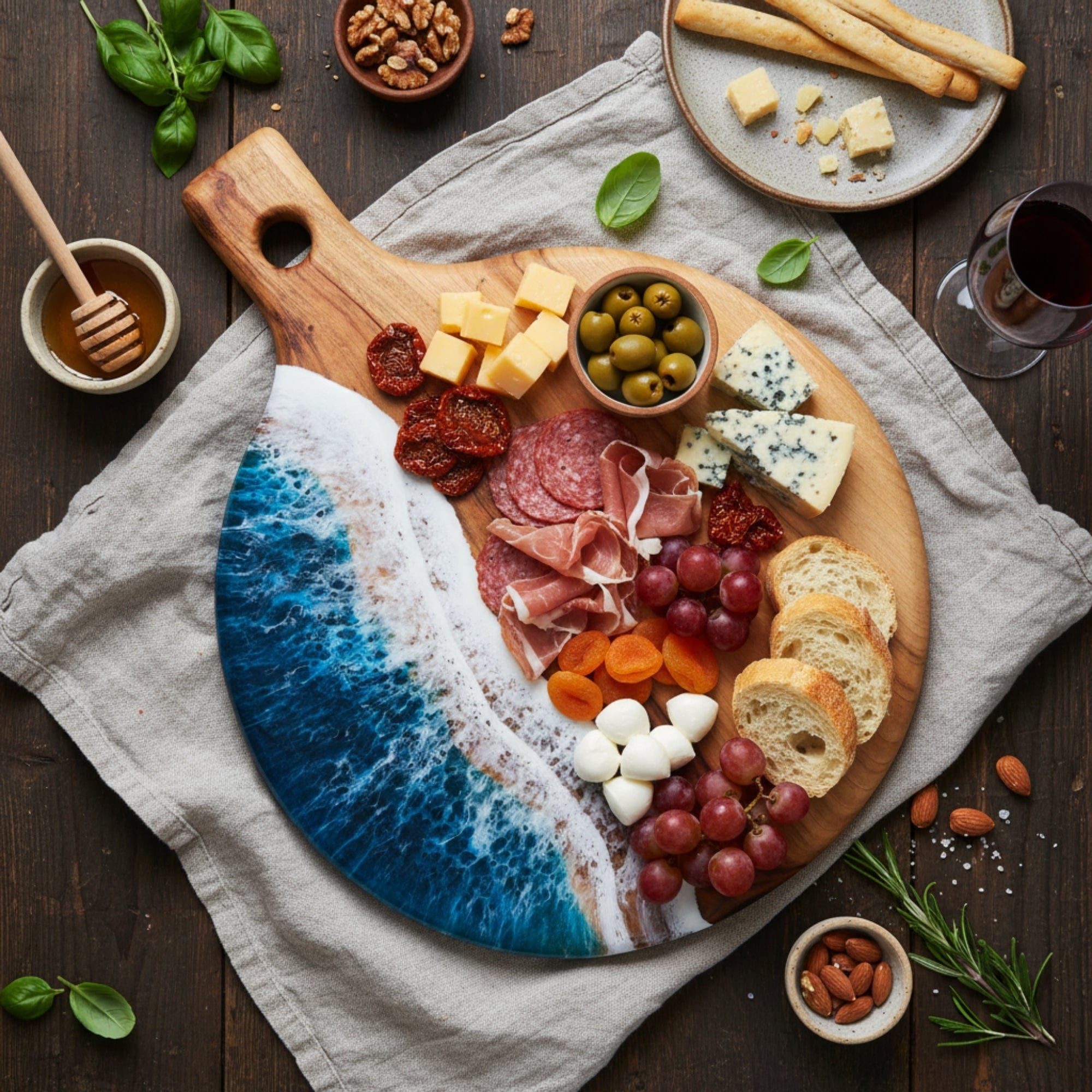 The Gourmet Duo in Sea & Scarlet - In-use scene with food styled across all bundle pieces