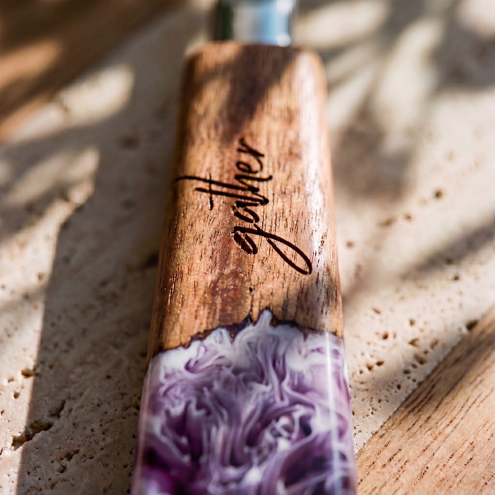 Resin Cheese Knife in Lilac - engraving detail #colour_lilac