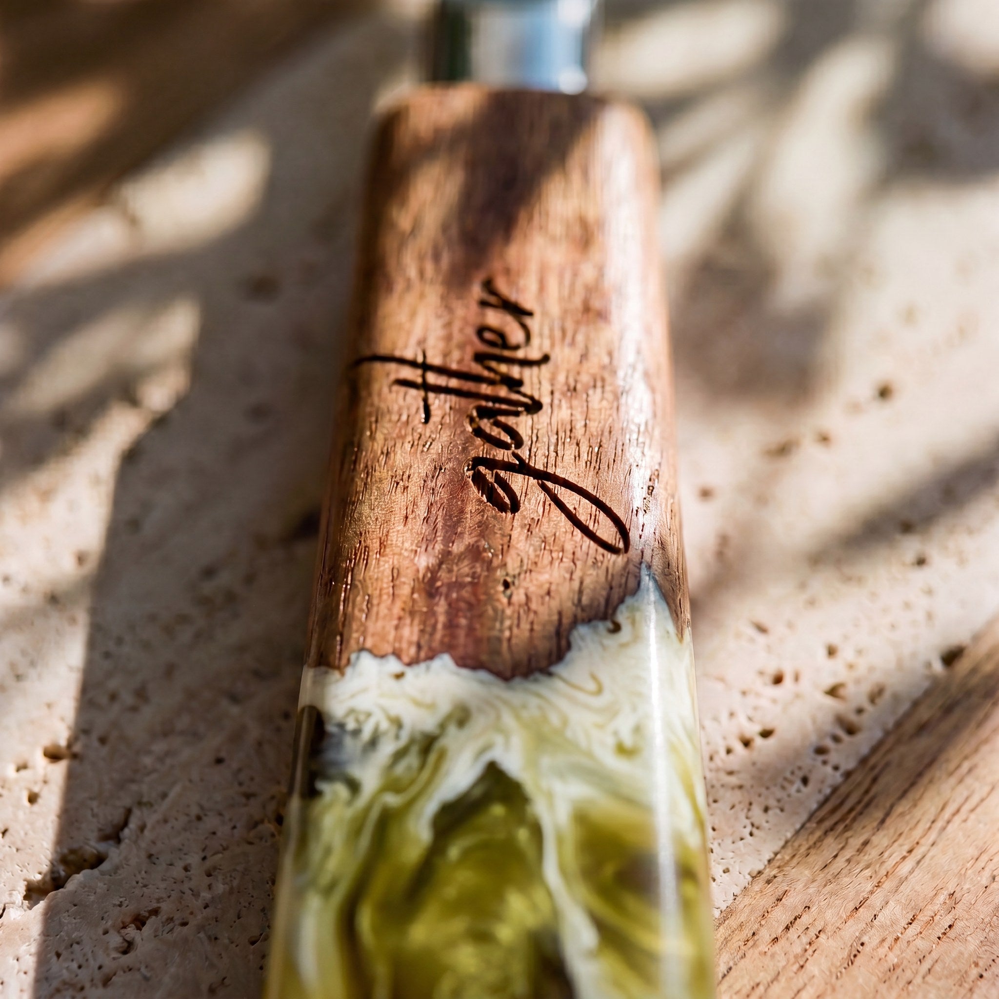 Resin Cheese Knife in Sage Green - engraving detail #colour_sage-green