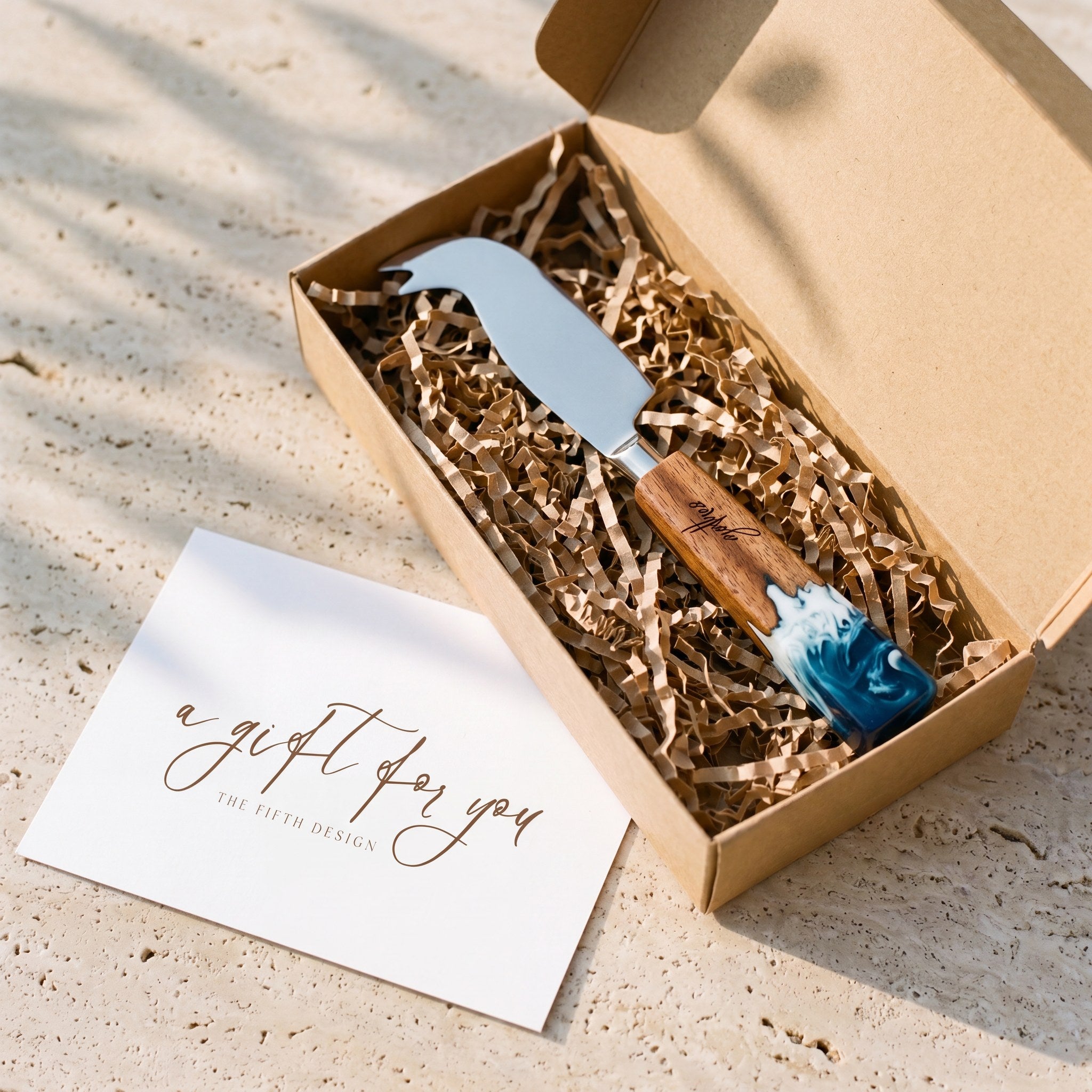 Resin Cheese Knife in Seascape - gift box presentation #colour_seascape