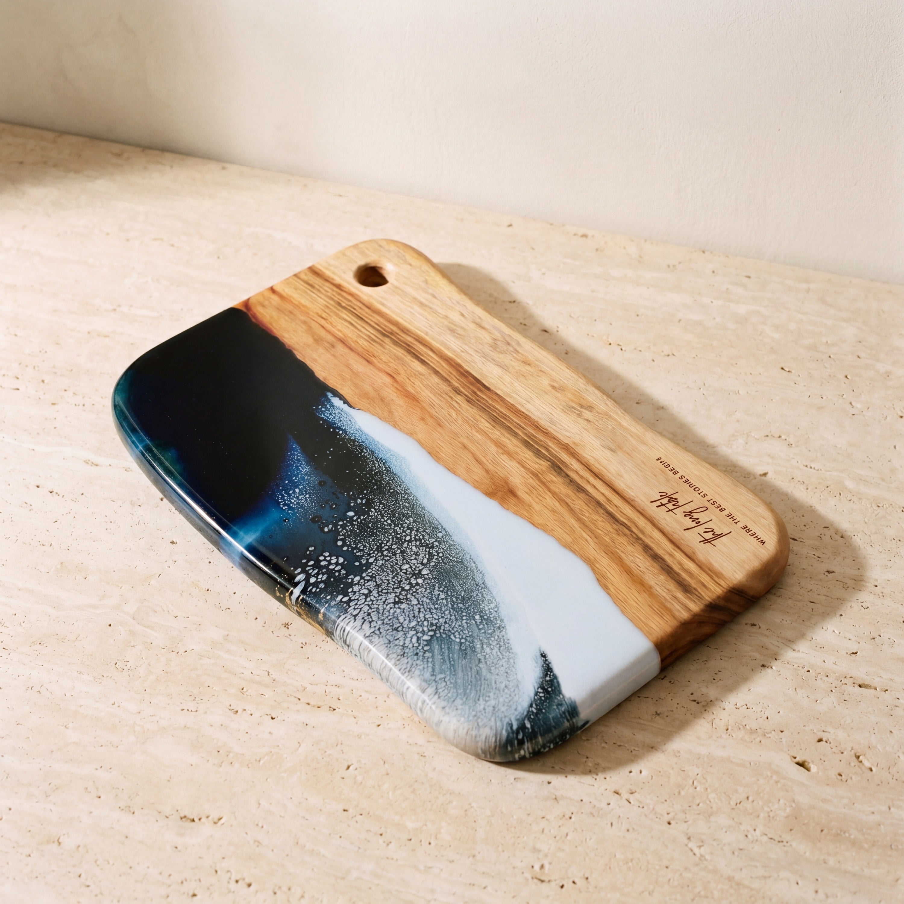 Large Resin Board in Prussian Blue - Hero shot of the live-edge slab #colour_prussian-blue