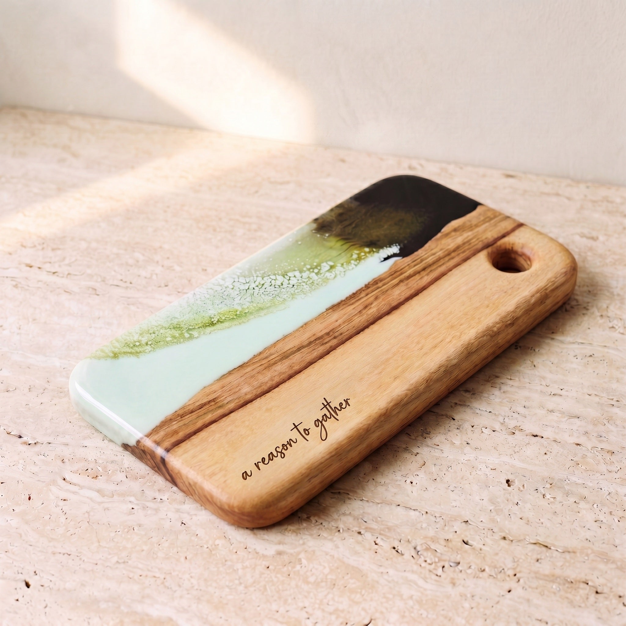 Small Resin Board in Sage Green - Hero shot of the live-edge board #colour_sage-green
