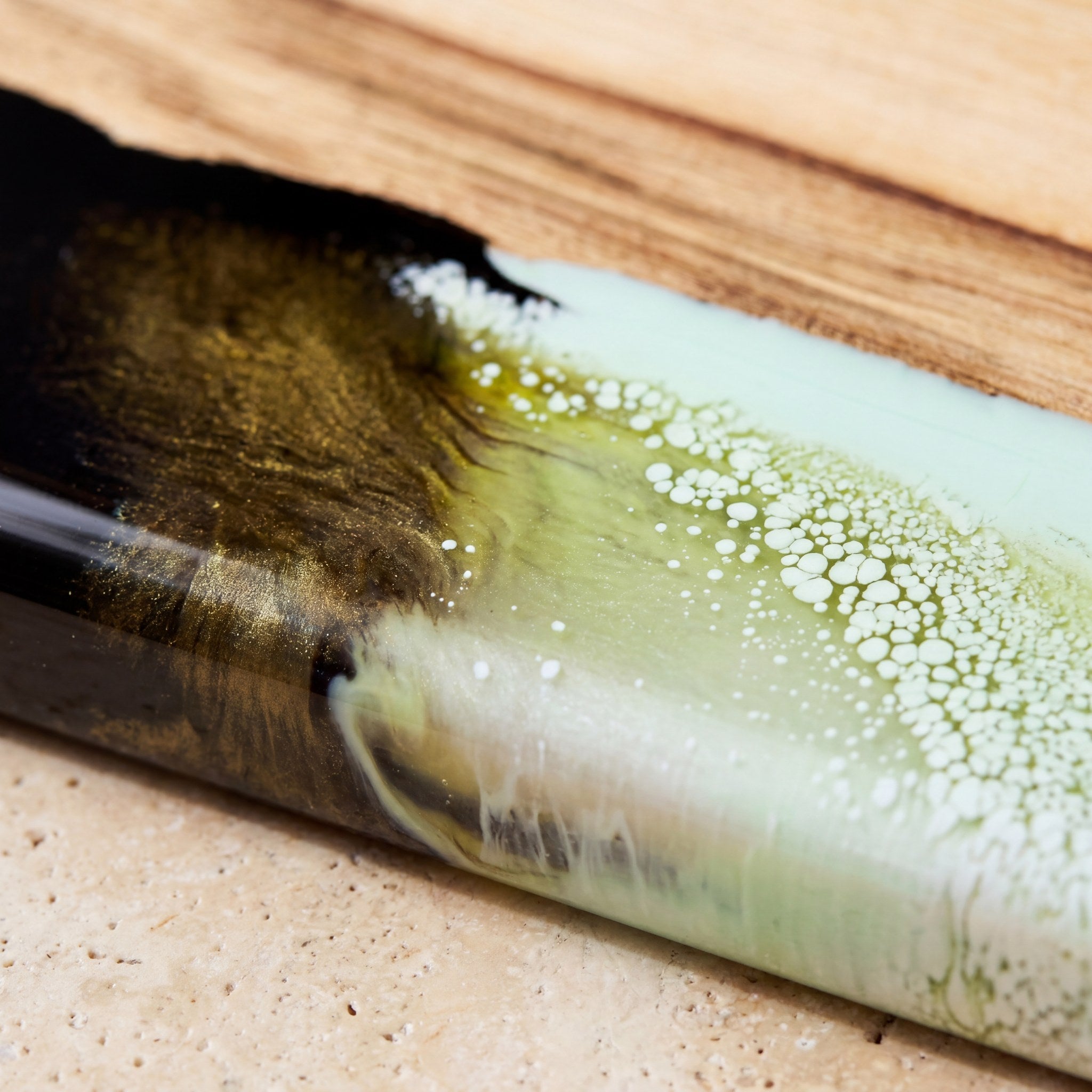 Small Resin Board in Sage Green - Close-up of the resin and Camphor Laurel grain #colour_sage-green