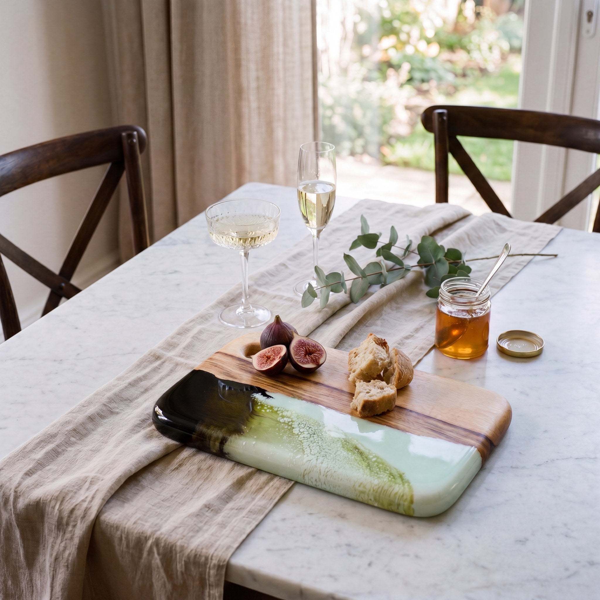 Small Resin Board in Sage Green - Styled on a wedding table #colour_sage-green