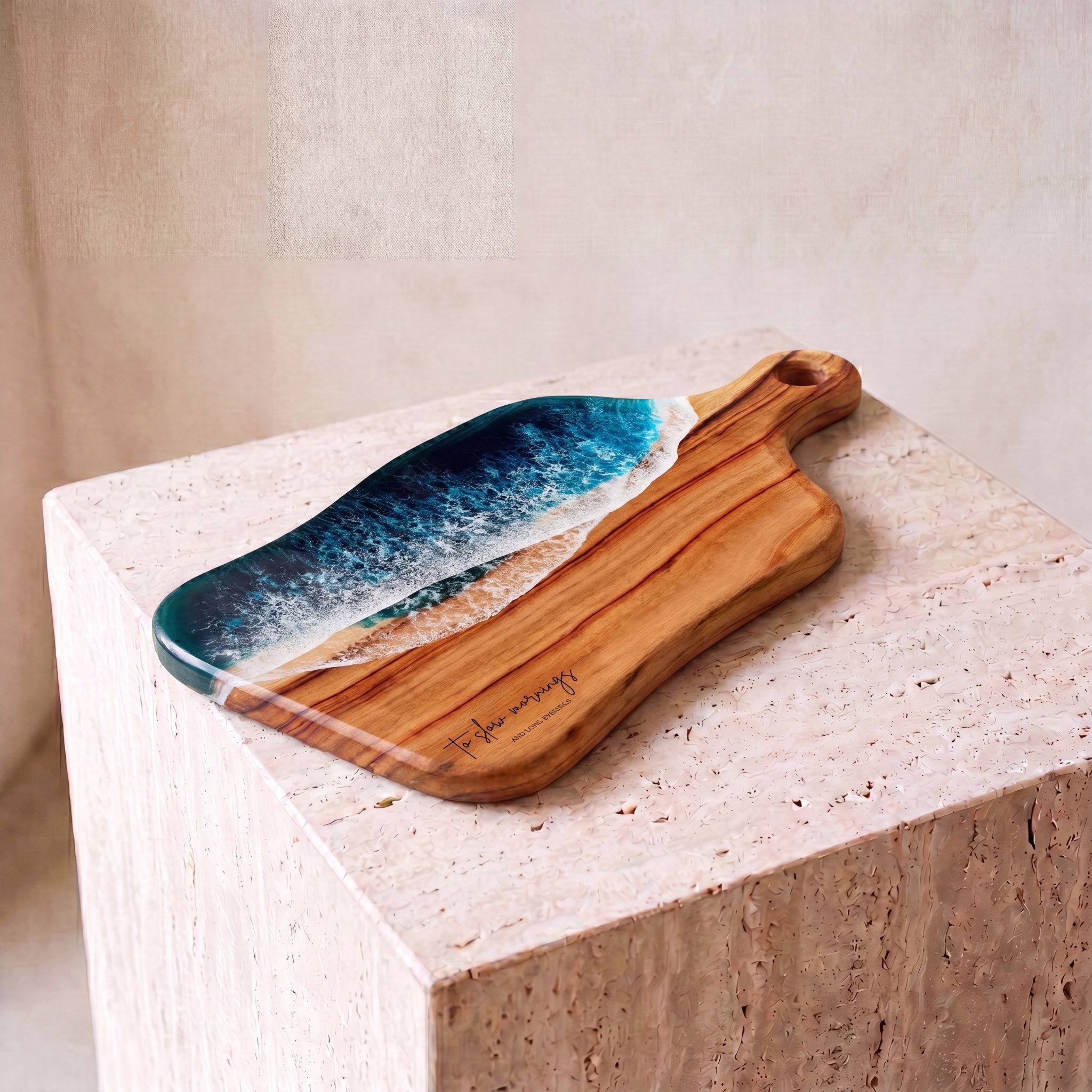 Medium Resin Paddle Board in Seascape - Hero shot on travertine plinth #colour_seascape