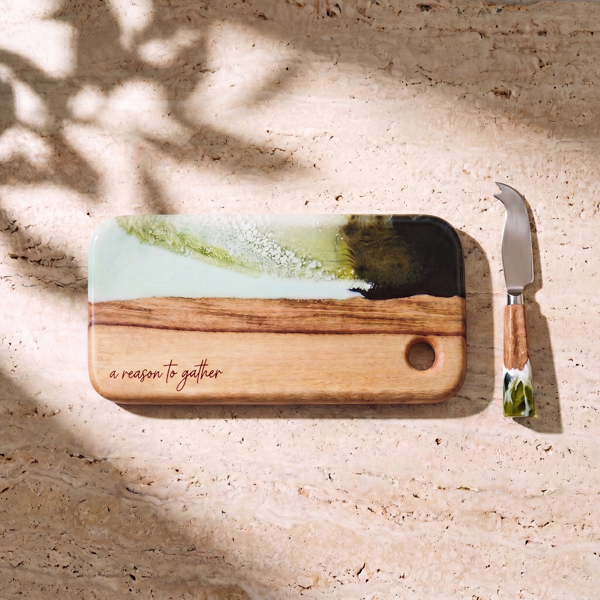 Nibbles Gift Box in Sage Green - Flat lay of the board and cheese knife