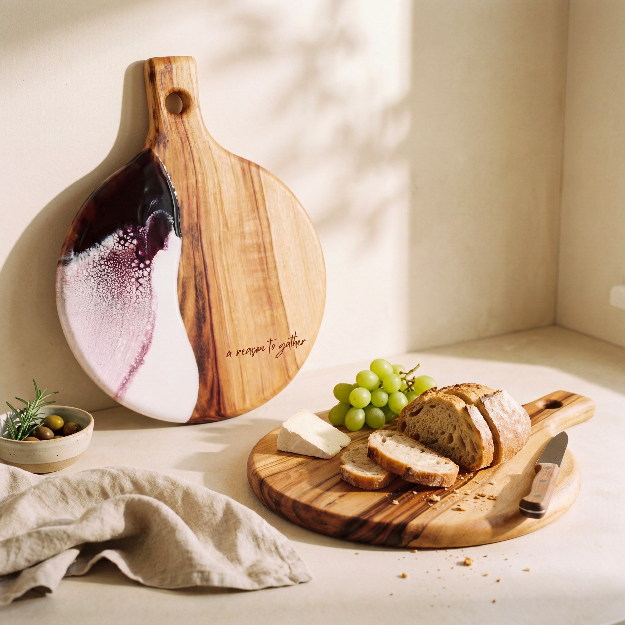 Round Resin Paddle in Lilac - Lifestyle scene with cheese and accompaniments styled on board #colour_lilac