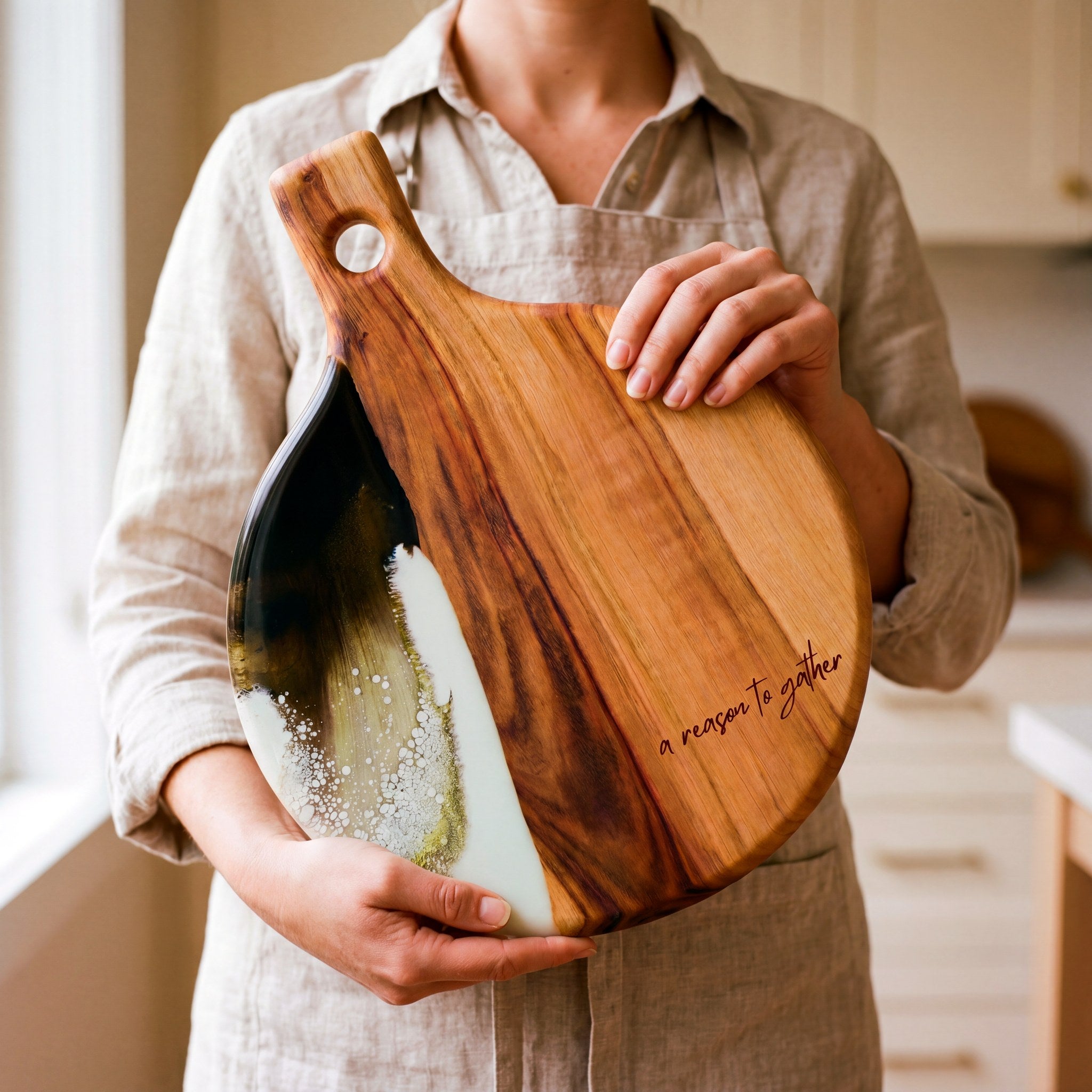 Round Resin Paddle in Sage Green - Styled flat lay with dried flowers and linens #colour_sage-green
