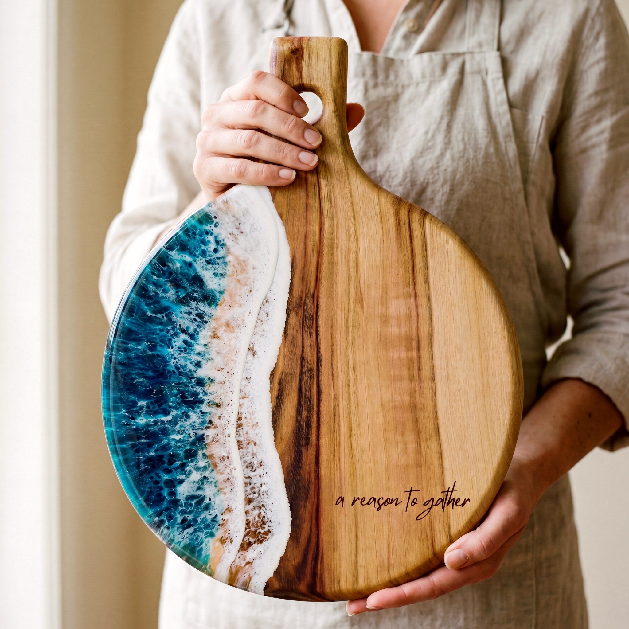 Round Resin Paddle in Seascape - Styled flat lay with dried flowers and linens #colour_seascape