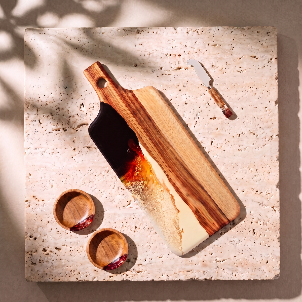 The Ultimate Gift Bundle in Burnt Ivory - Flat lay of the board, two bowls and the knife