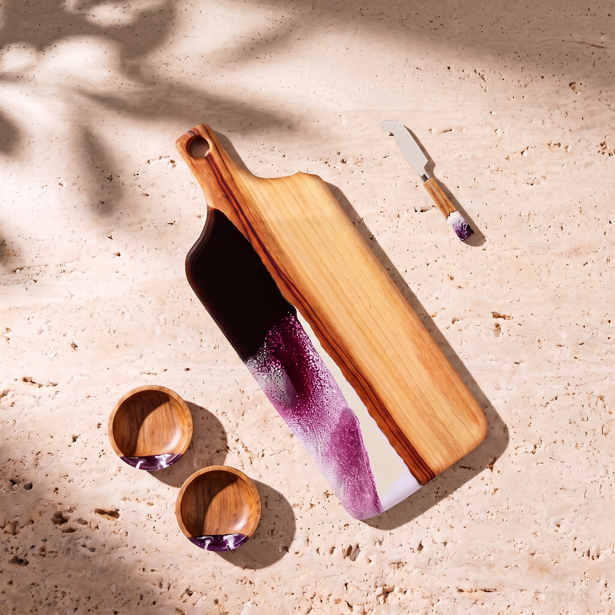 The Ultimate Gift Bundle in Lilac - Flat lay of the board, two bowls and the knife