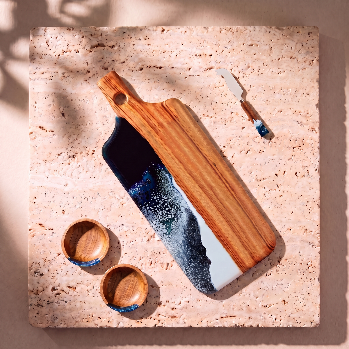 The Ultimate Gift Bundle in Prussian Blue - Flat lay of the board, two bowls and the knife