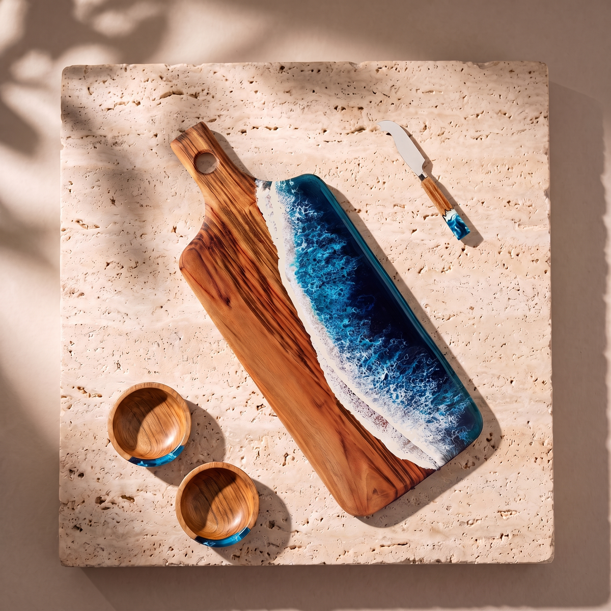 The Ultimate Gift Bundle in Seascape - Flat lay of the board, two bowls and the knife