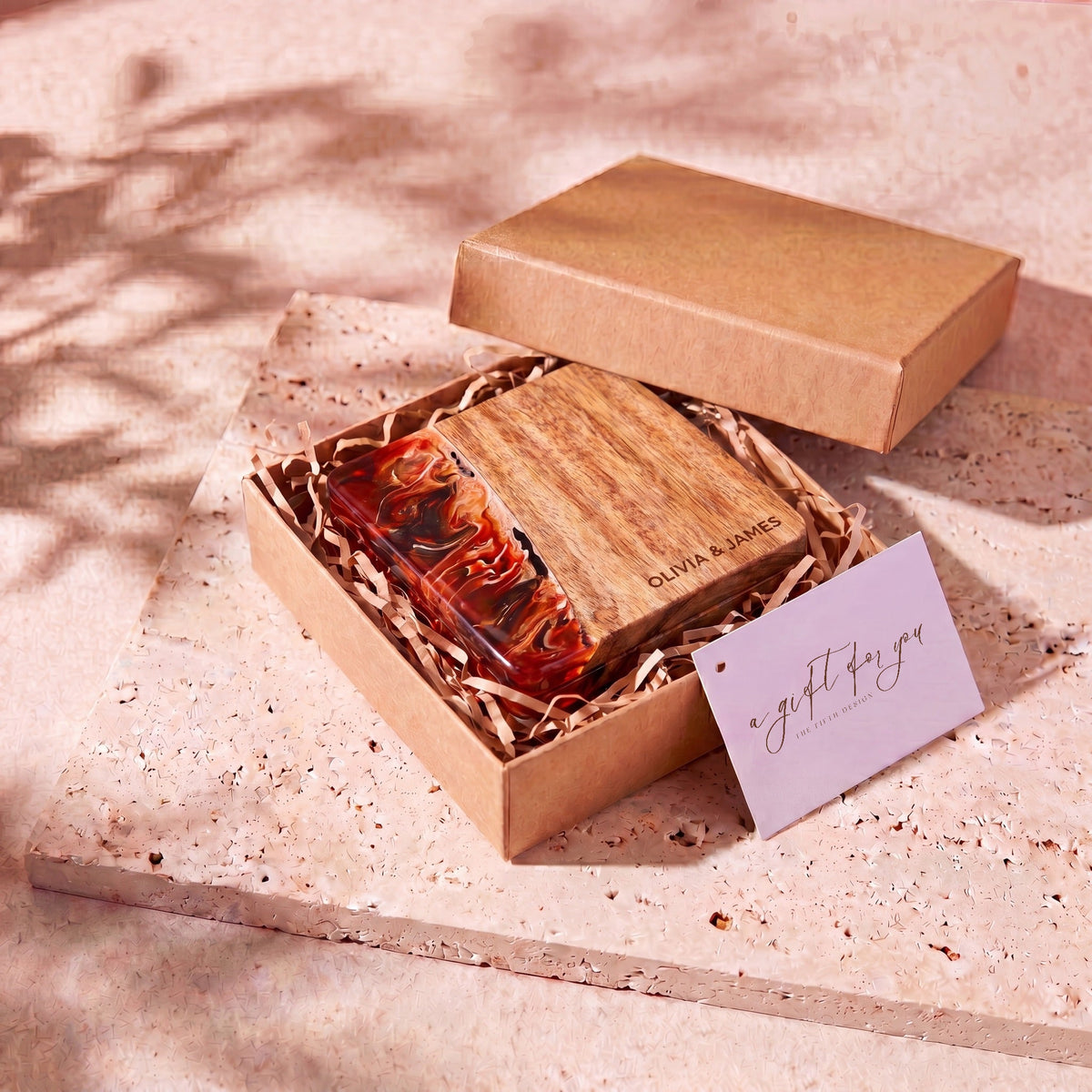 Burnt Ivory resin and wood coasters in a gift box