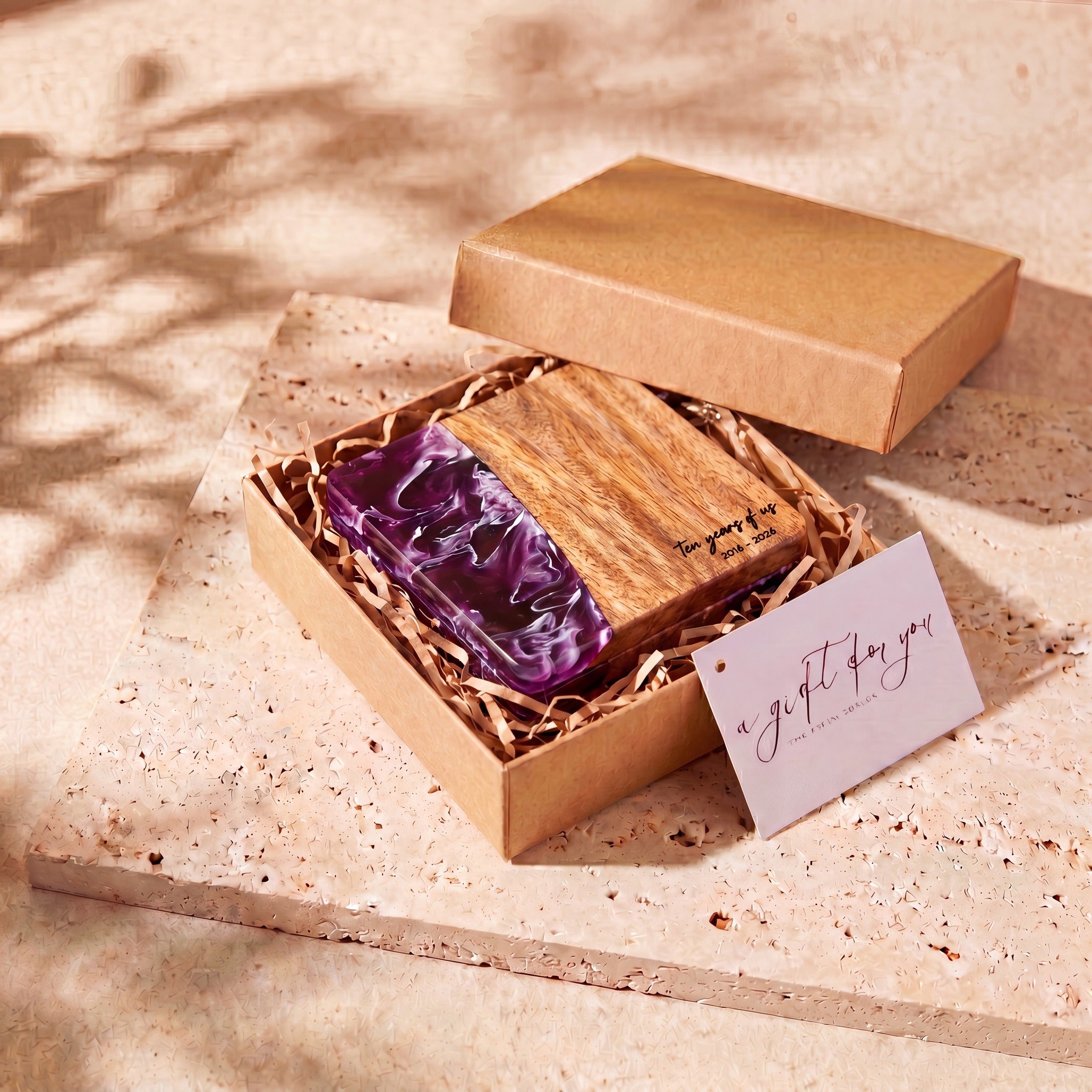 Lilac resin and wood coasters in a gift box