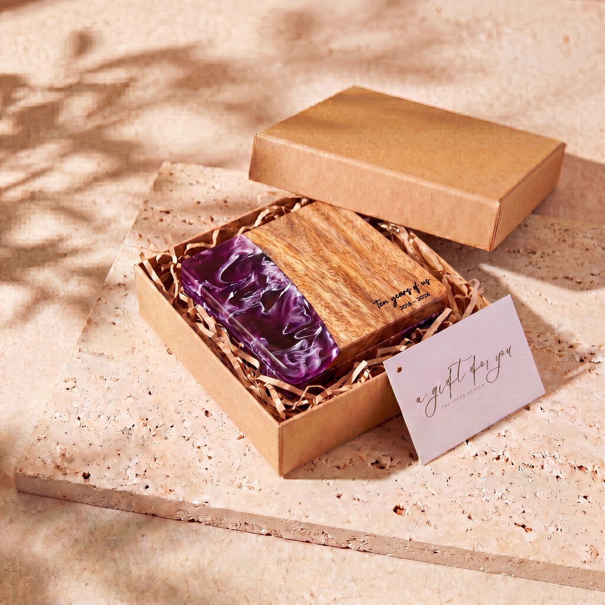 Lilac resin and wood coasters in a gift box