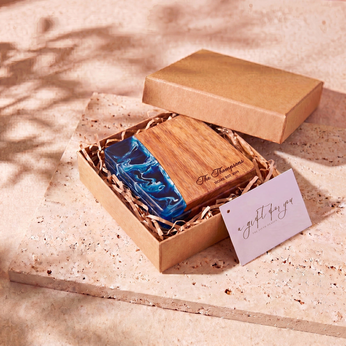 Prussian Blue resin and wood coasters in a gift box