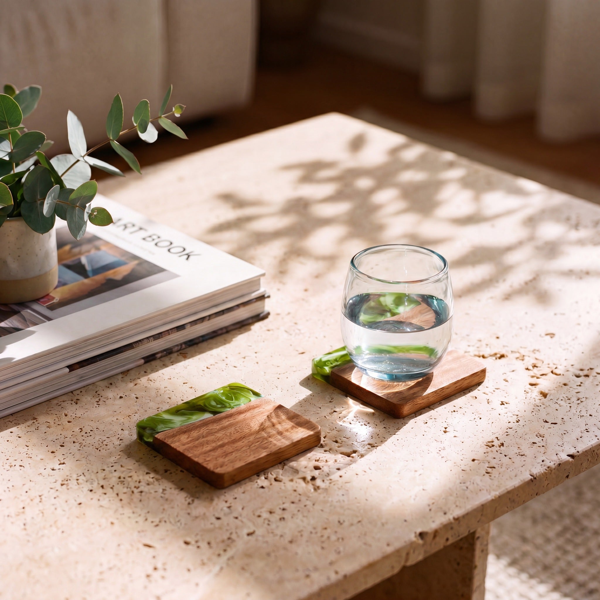 Sage Green resin and wood coasters on a coffee table