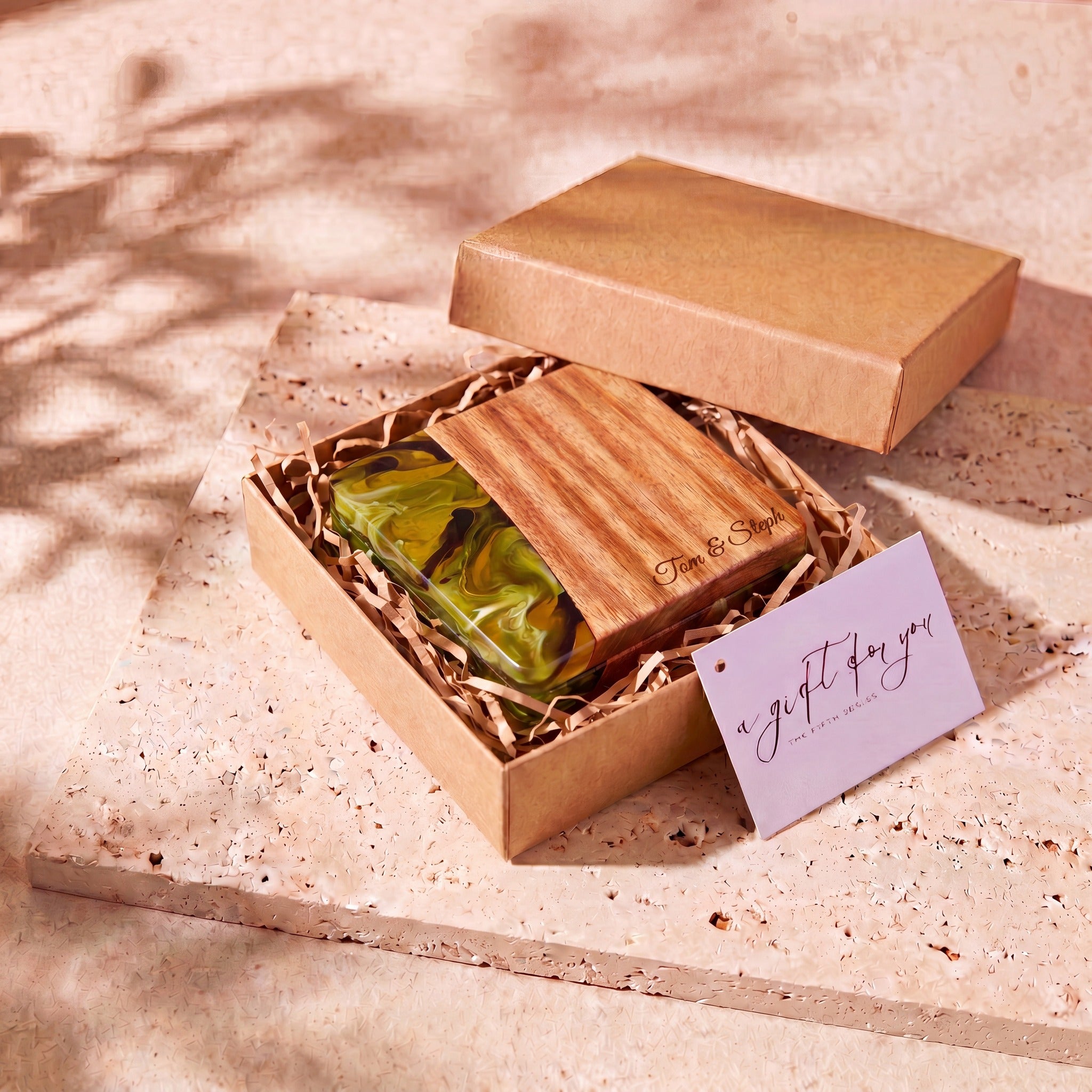 Sage Green resin and wood coasters in a gift box