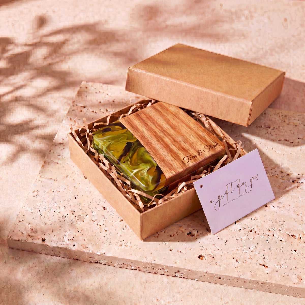 Sage Green resin and wood coasters in a gift box