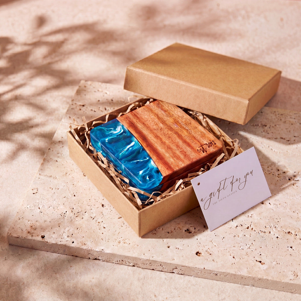 Seascape resin and wood coasters in a gift box