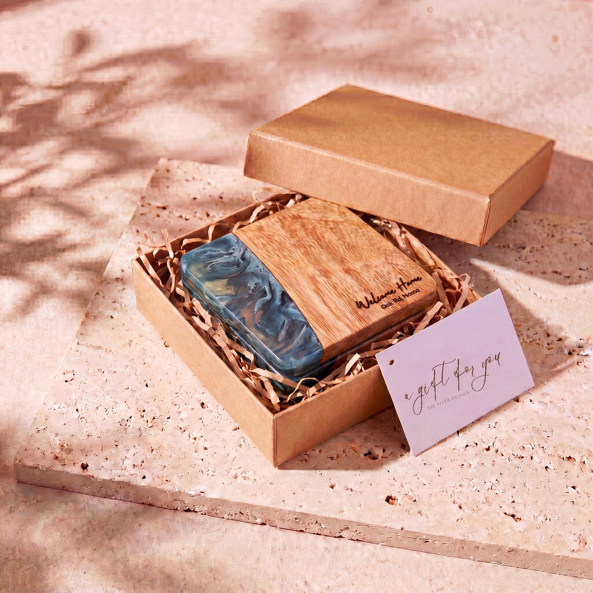 Slate resin and wood coasters in a gift box