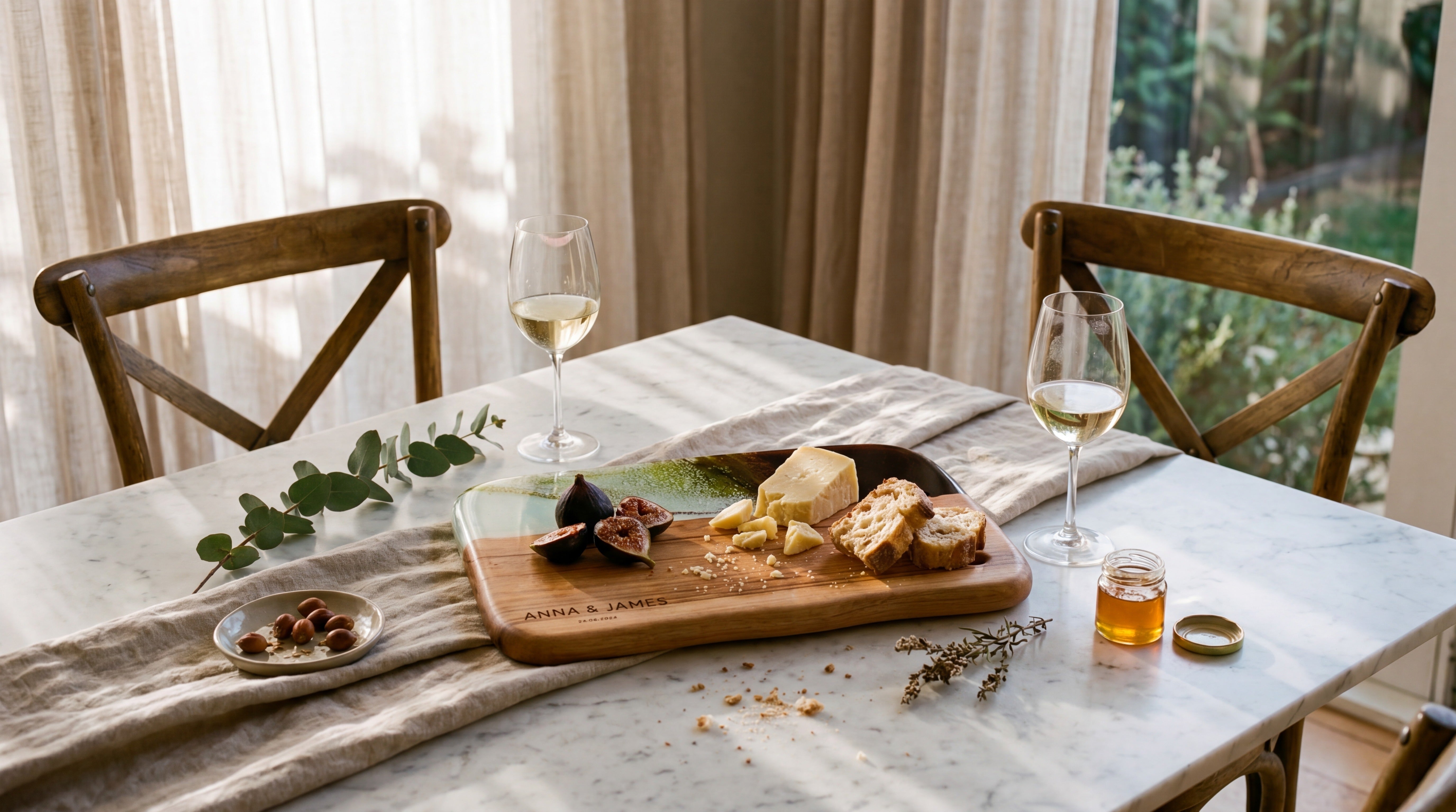 Wedding gift scene: personalised Camphor Laurel board with sage green resin engraved 'ANNA & JAMES' on a marble dining table, paired with figs, cheese, torn sourdough, hazelnuts, white wine glasses, honey jar, eucalyptus, linen runner, sunlit by sheer-curtained window