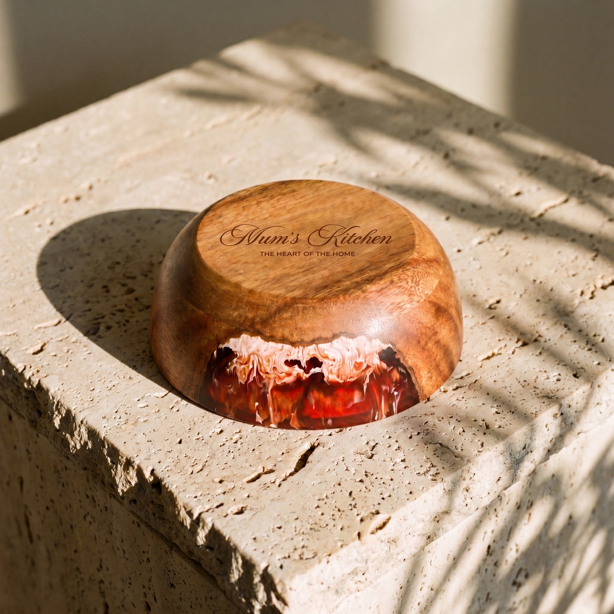 Resin Bowl in Burnt Ivory - personalised engraving on the timber base #colour_burnt-ivory