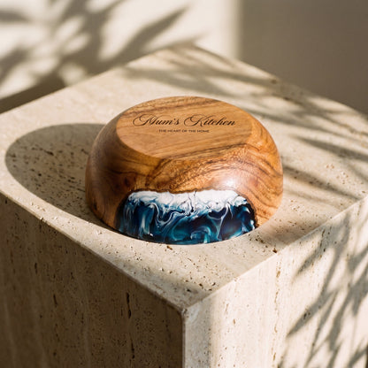 Resin Bowl in Prussian Blue - personalised engraving on the timber base #colour_prussian-blue